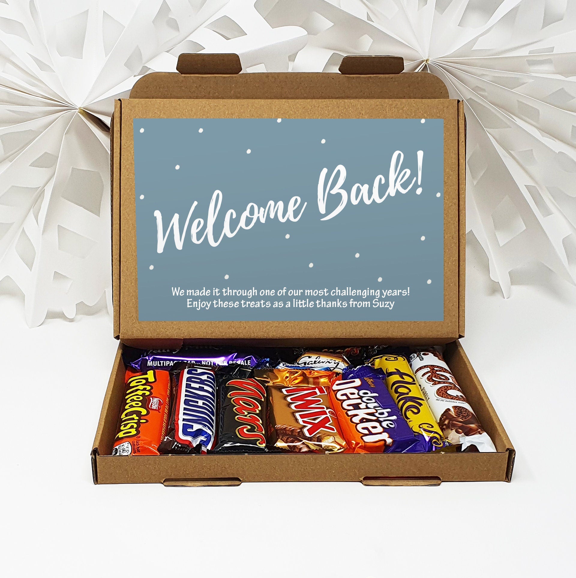 Personalised Welcome Back to the Office Treat Box Letterbox Gift Hug in a Box Hamper Chocolate Sweets Tea Lover Coffee Vegan