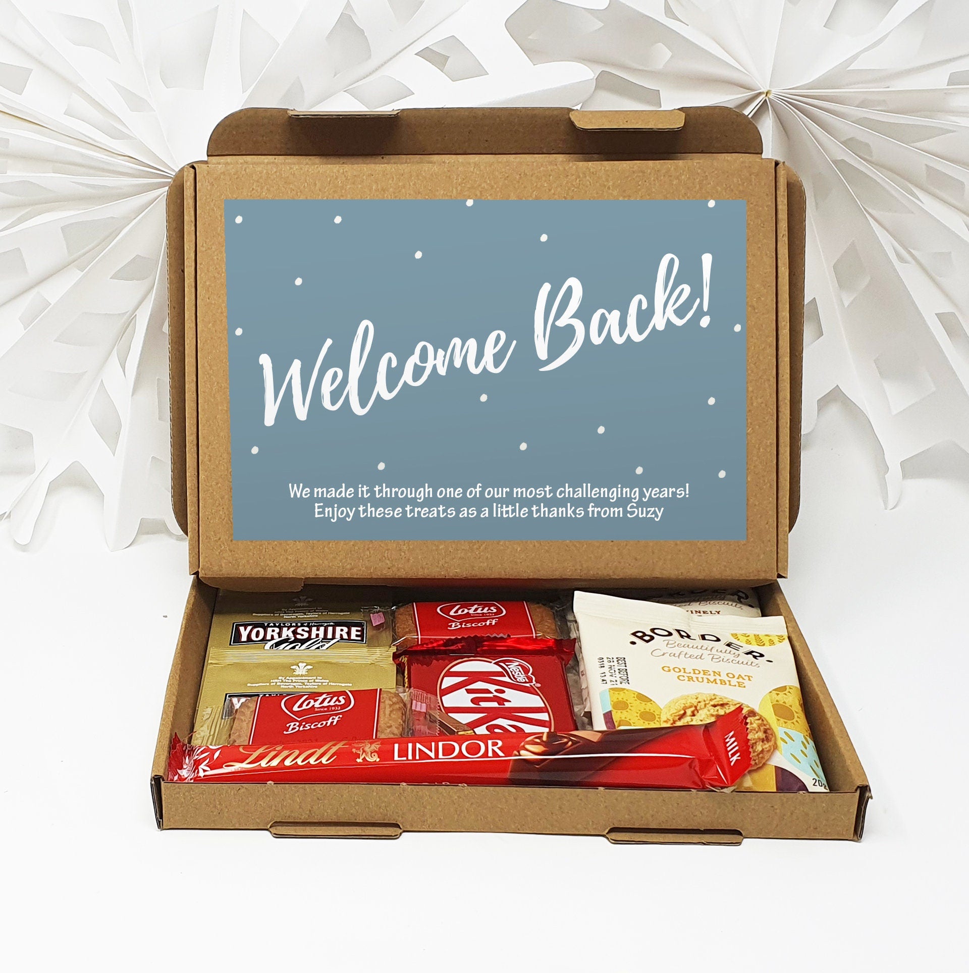 Personalised Welcome Back to the Office Treat Box Letterbox Gift Hug in a Box Hamper Chocolate Sweets Tea Lover Coffee Vegan