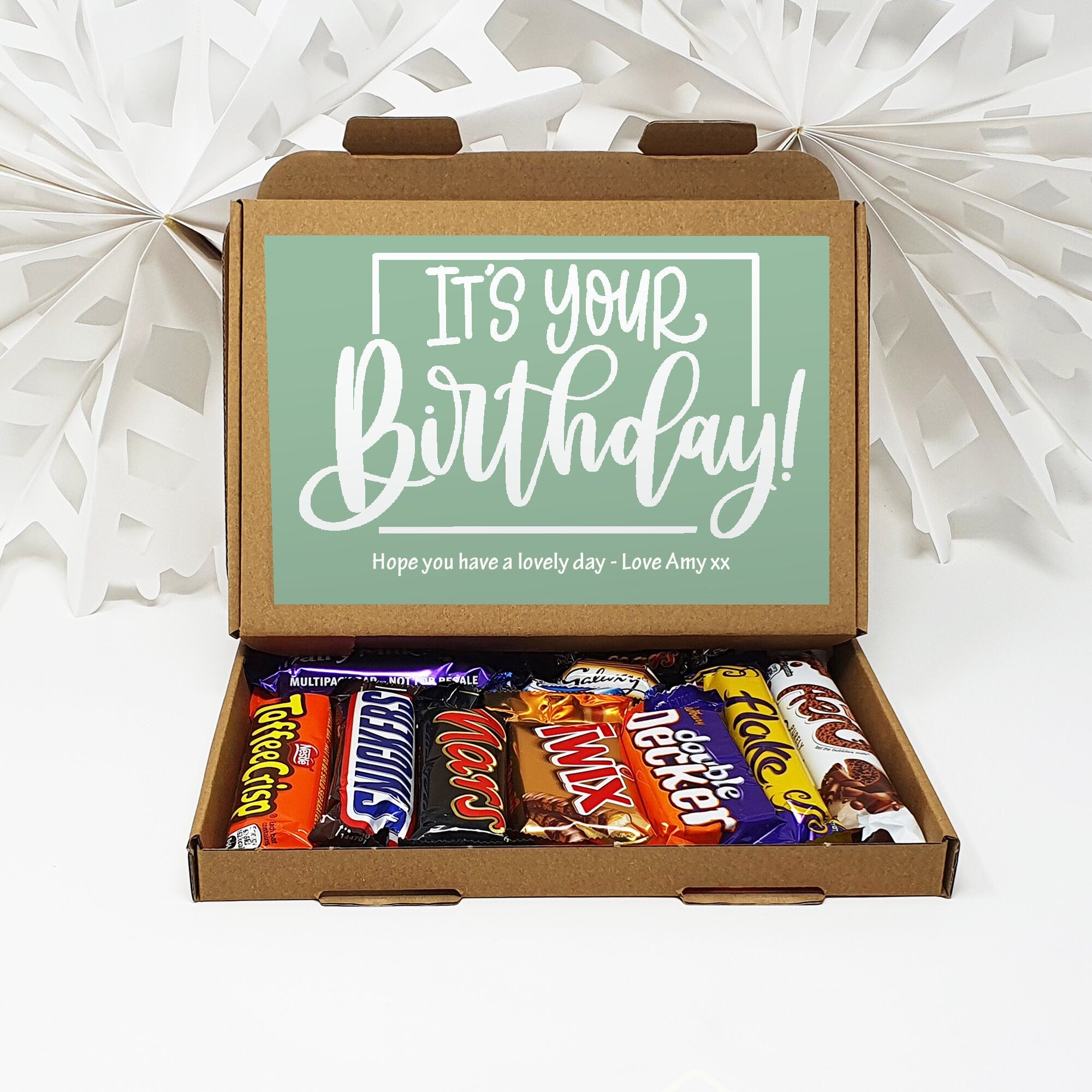 Personalised Happy Birthday Pamper Treat Box Letterbox Gift Hug in a Box Hamper Chocolate Sweets Tea Lover Coffee Vegan Floral