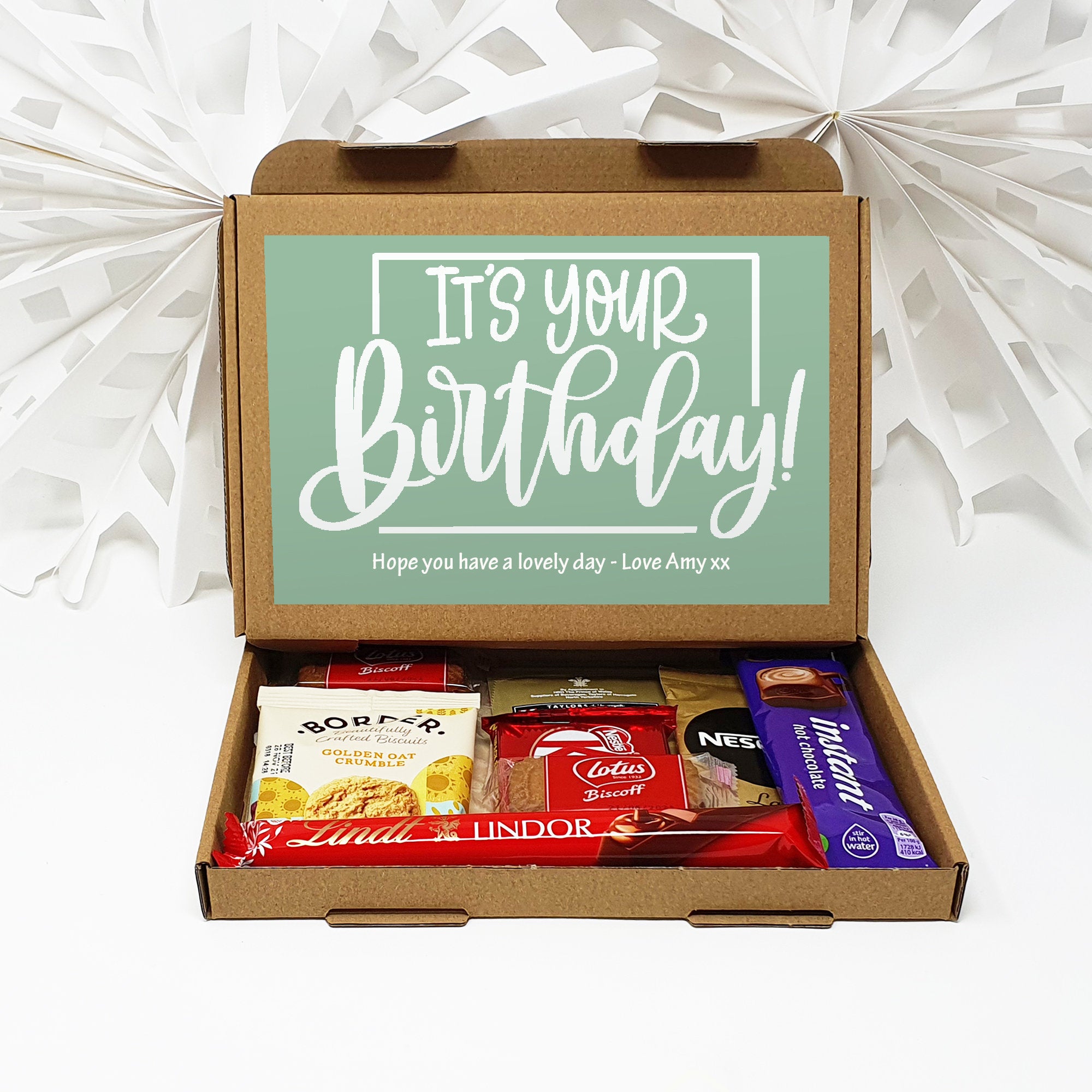 Personalised Happy Birthday Pamper Treat Box Letterbox Gift Hug in a Box Hamper Chocolate Sweets Tea Lover Coffee Vegan Floral