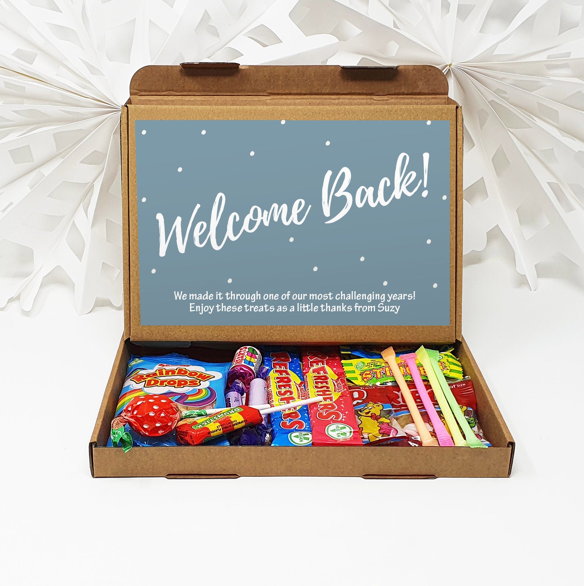 Personalised Welcome Back to the Office Treat Box Letterbox Gift Hug in a Box Hamper Chocolate Sweets Tea Lover Coffee Vegan