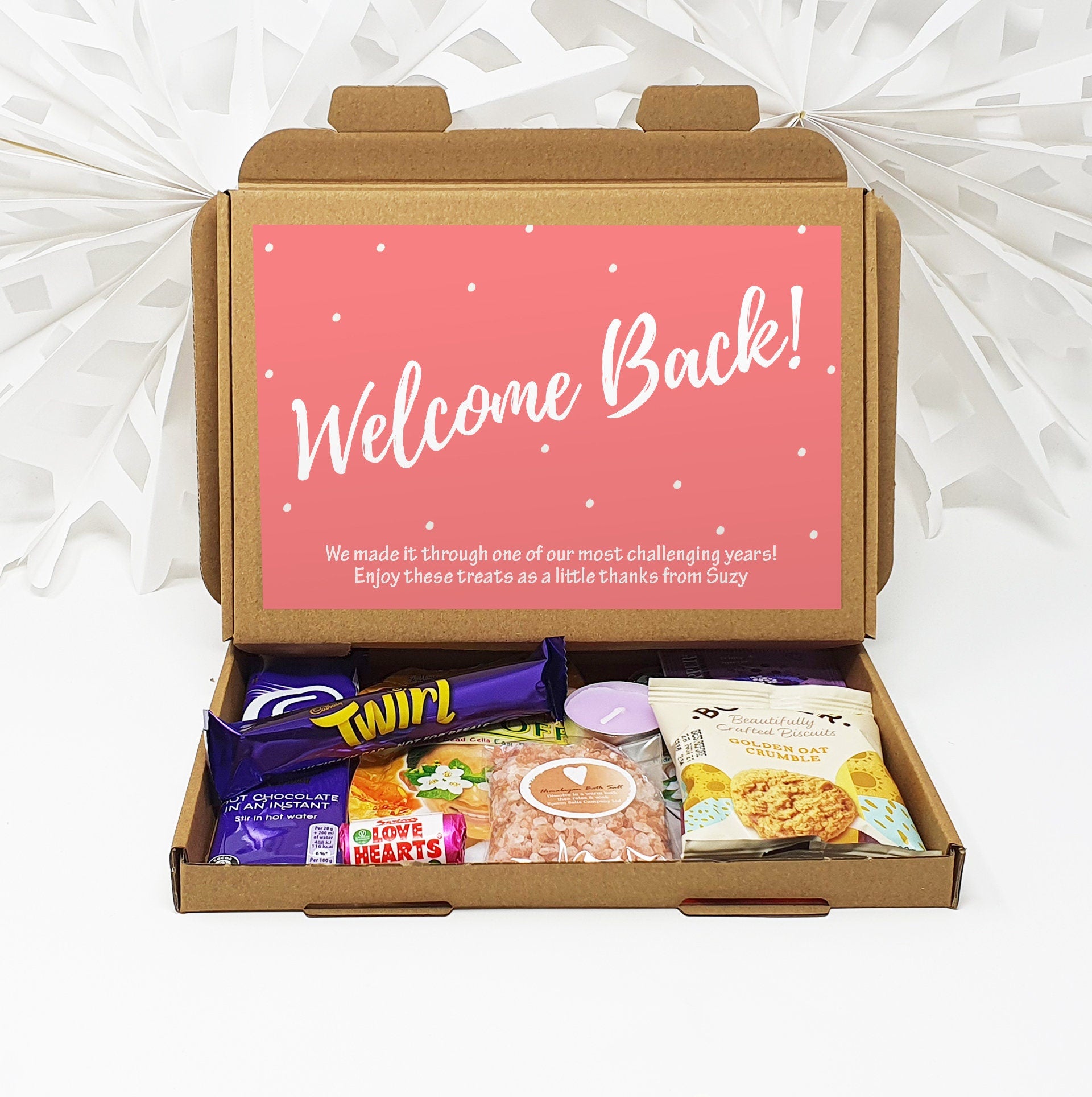 Personalised Welcome Back to the Office Treat Box Letterbox Gift Hug in a Box Hamper Chocolate Sweets Tea Lover Coffee Vegan