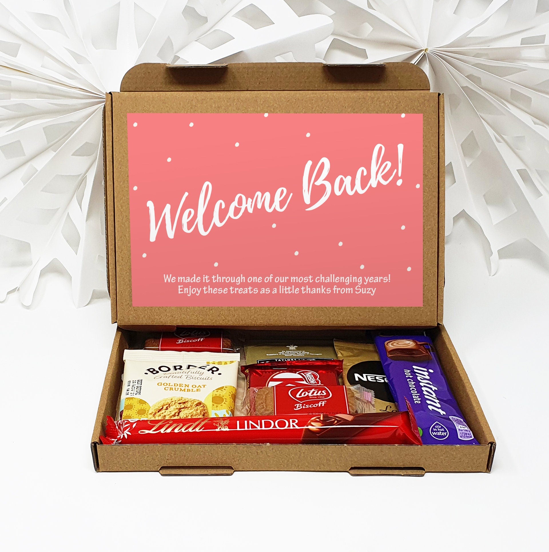 Personalised Welcome Back to the Office Treat Box Letterbox Gift Hug in a Box Hamper Chocolate Sweets Tea Lover Coffee Vegan