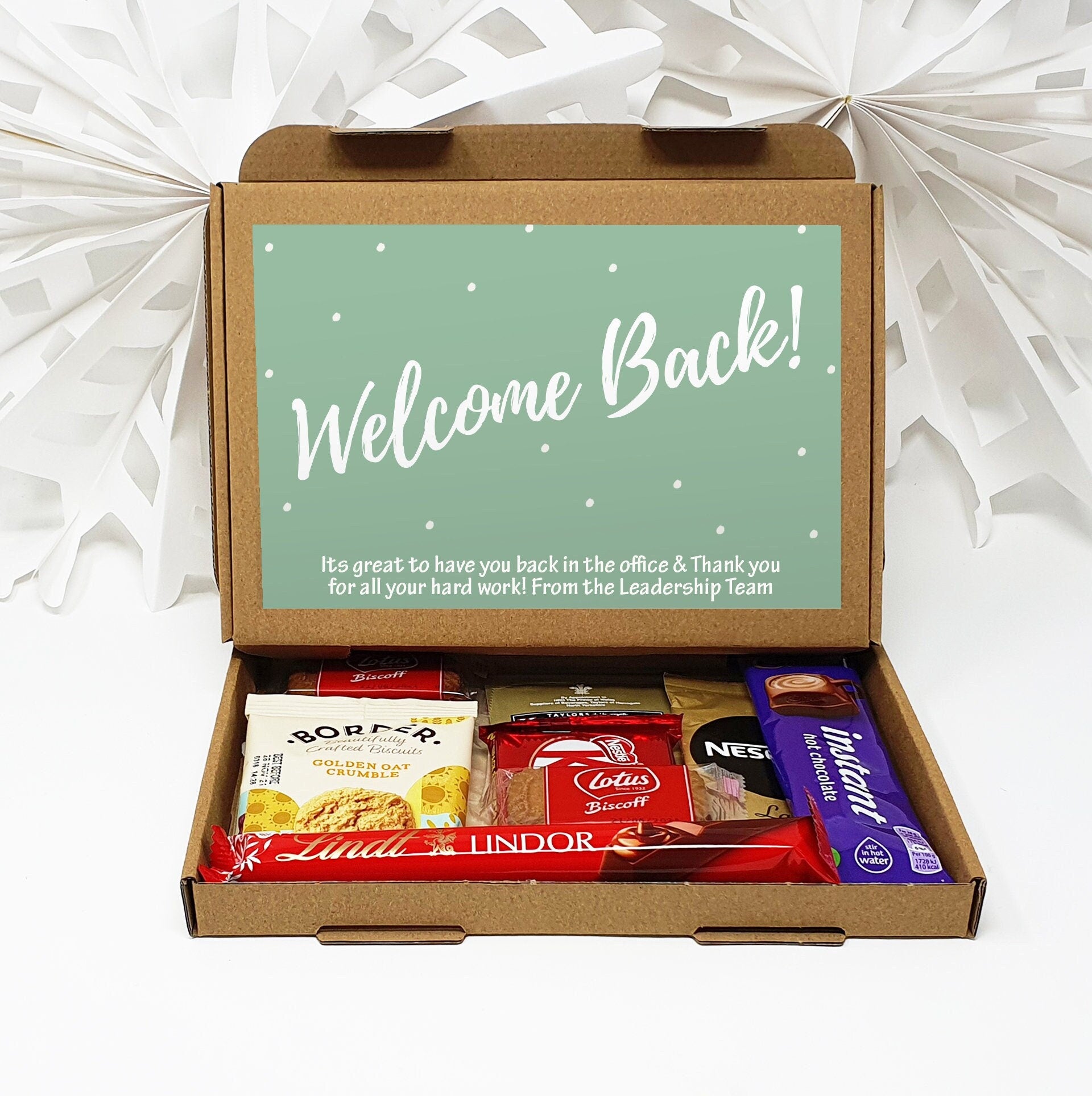 Personalised Welcome Back to the Office Treat Box Letterbox Gift Hug in a Box Hamper Chocolate Sweets Tea Lover Coffee Vegan