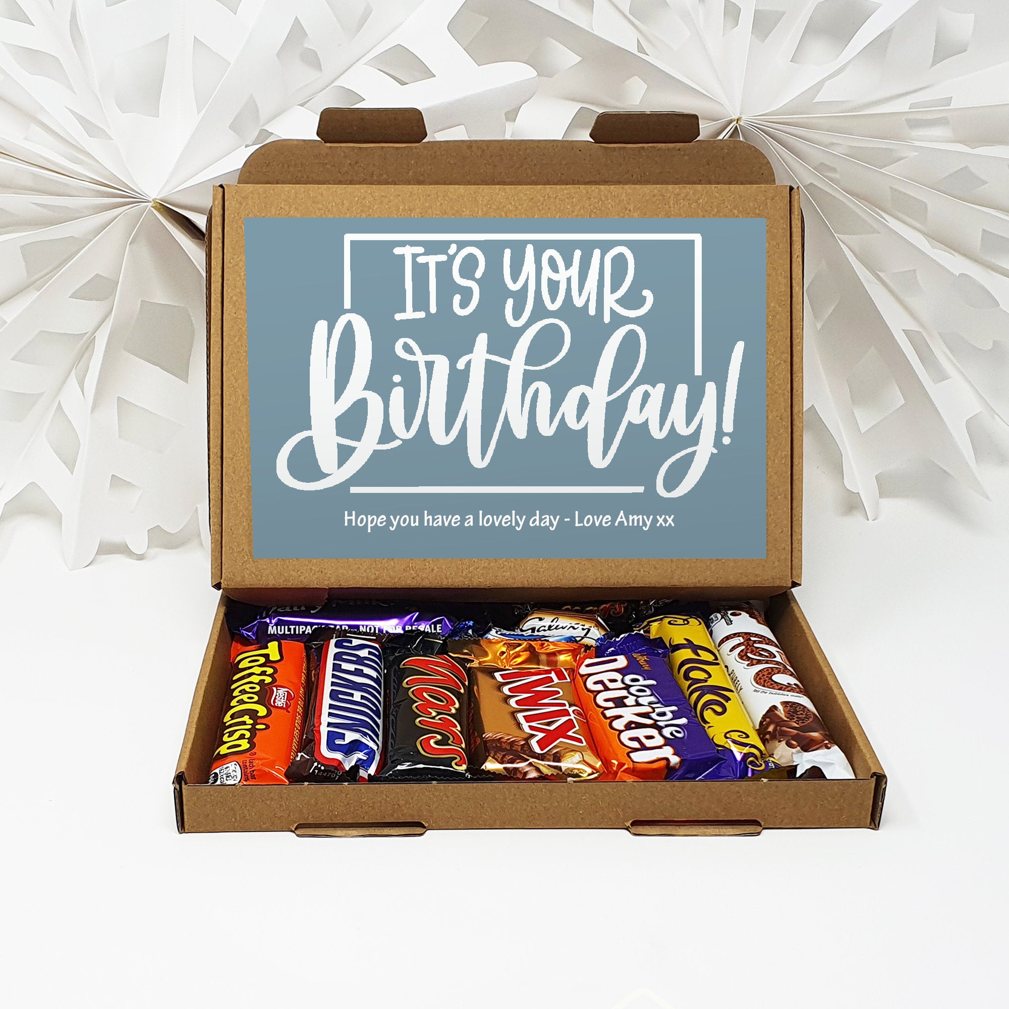 Personalised Happy Birthday Pamper Treat Box Letterbox Gift Hug in a Box Hamper Chocolate Sweets Tea Lover Coffee Vegan Floral