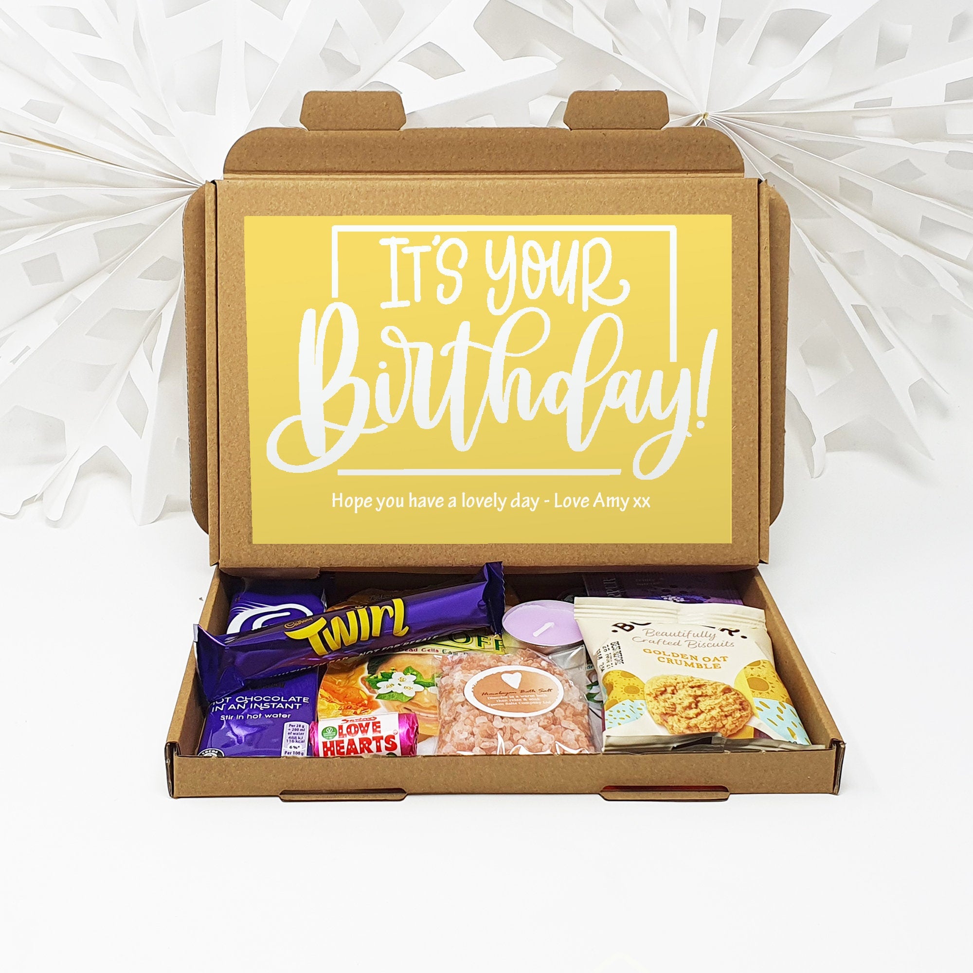 Personalised Happy Birthday Pamper Treat Box Letterbox Gift Hug in a Box Hamper Chocolate Sweets Tea Lover Coffee Vegan Floral