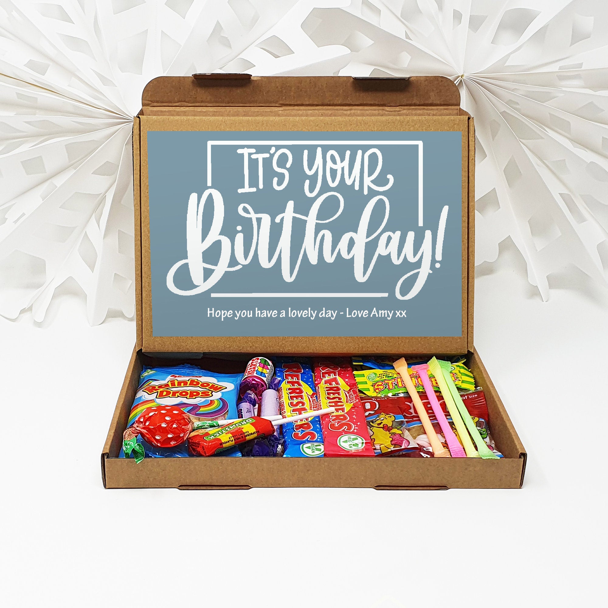 Personalised Happy Birthday Pamper Treat Box Letterbox Gift Hug in a Box Hamper Chocolate Sweets Tea Lover Coffee Vegan Floral