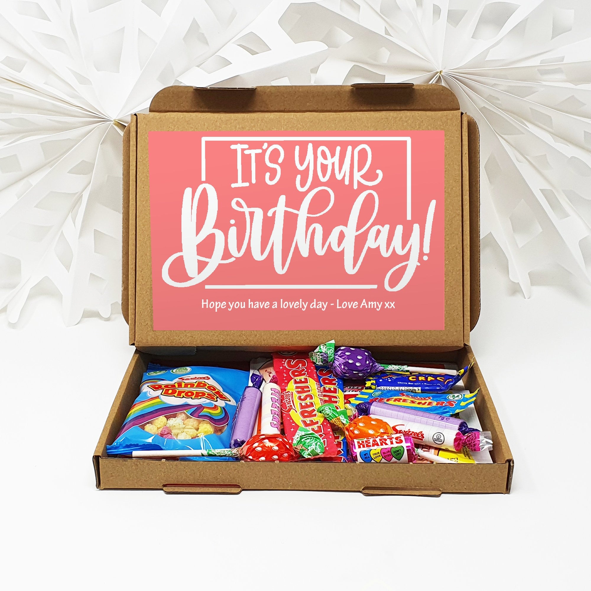 Personalised Happy Birthday Pamper Treat Box Letterbox Gift Hug in a Box Hamper Chocolate Sweets Tea Lover Coffee Vegan Floral