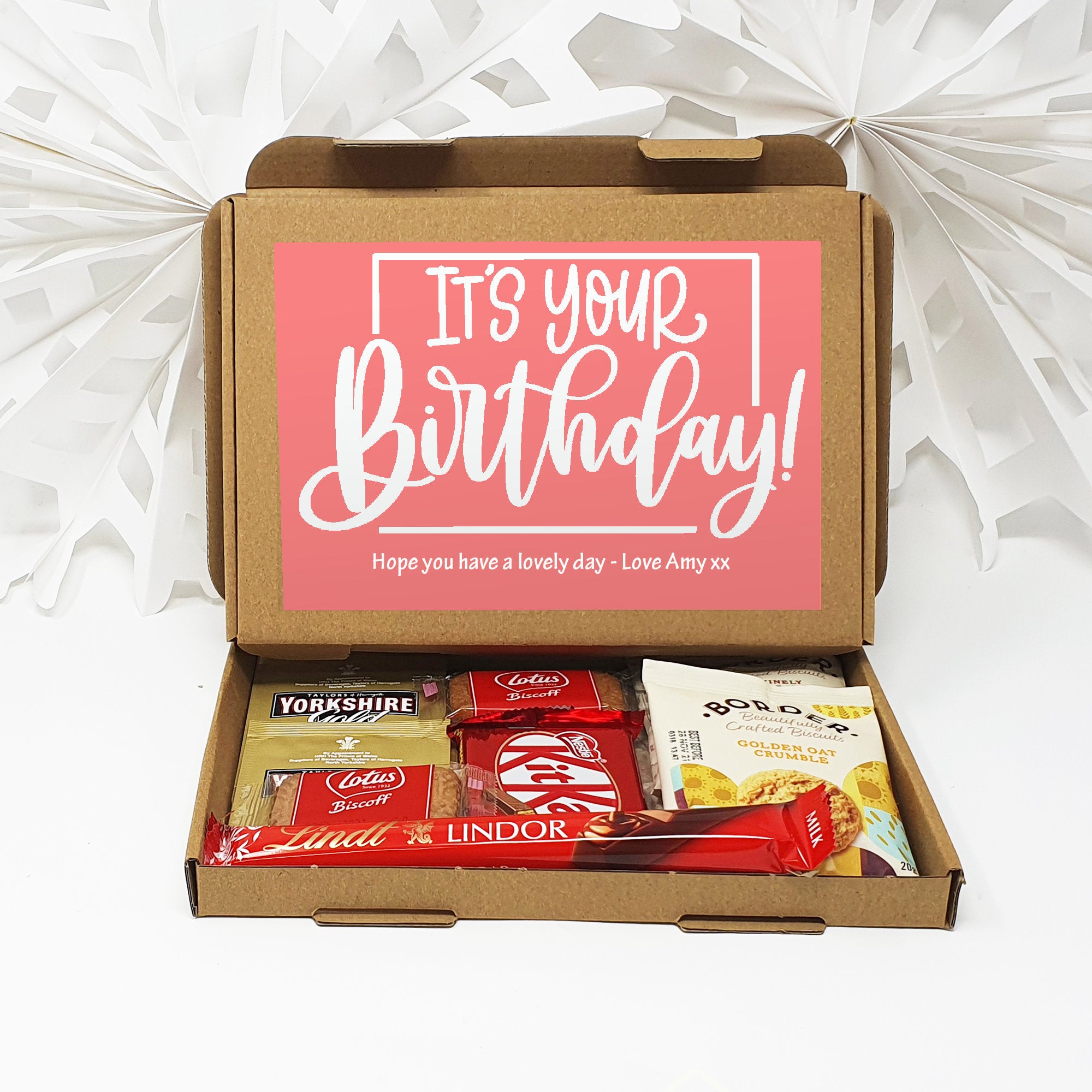 Personalised Happy Birthday Pamper Treat Box Letterbox Gift Hug in a Box Hamper Chocolate Sweets Tea Lover Coffee Vegan Floral