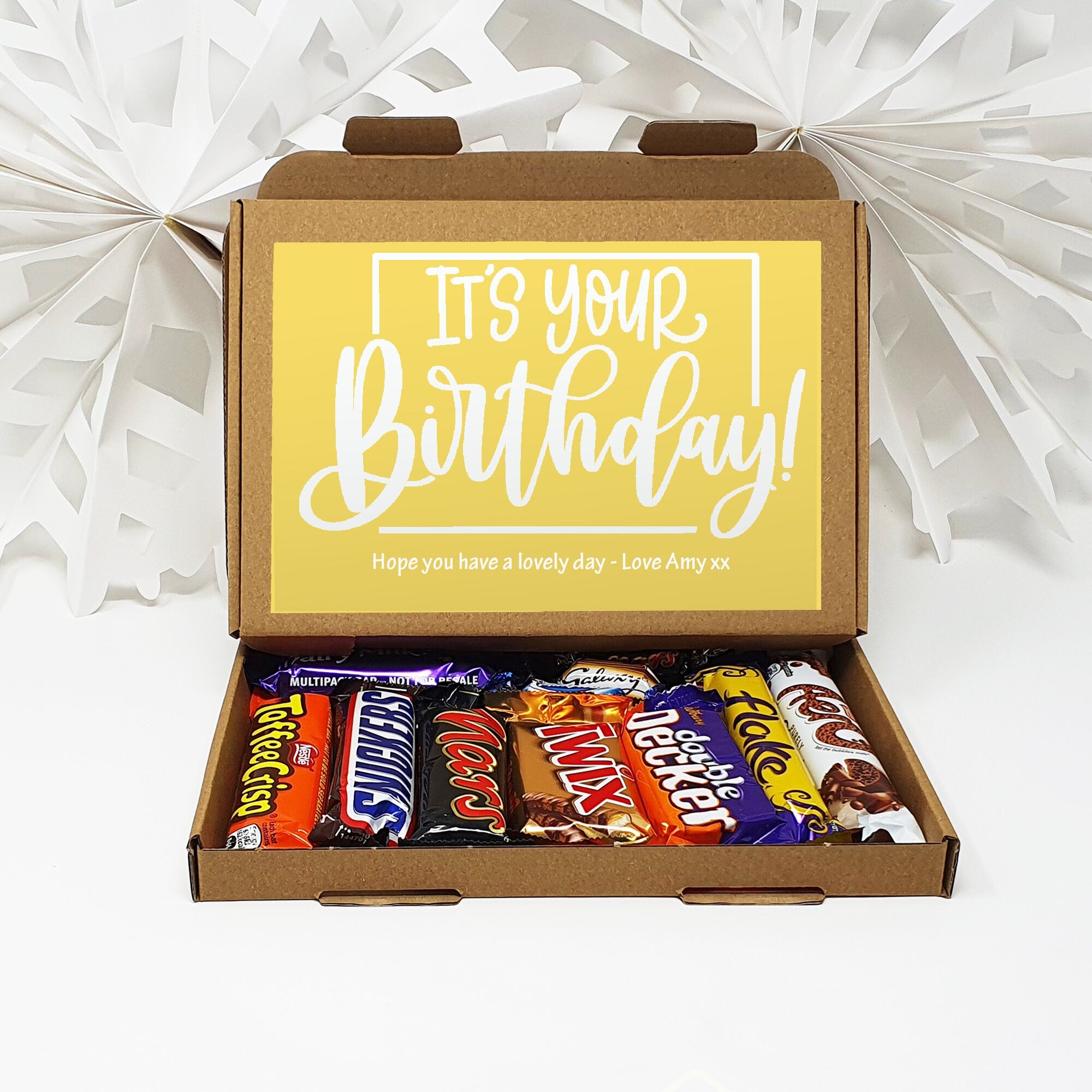 Personalised Happy Birthday Pamper Treat Box Letterbox Gift Hug in a Box Hamper Chocolate Sweets Tea Lover Coffee Vegan Floral