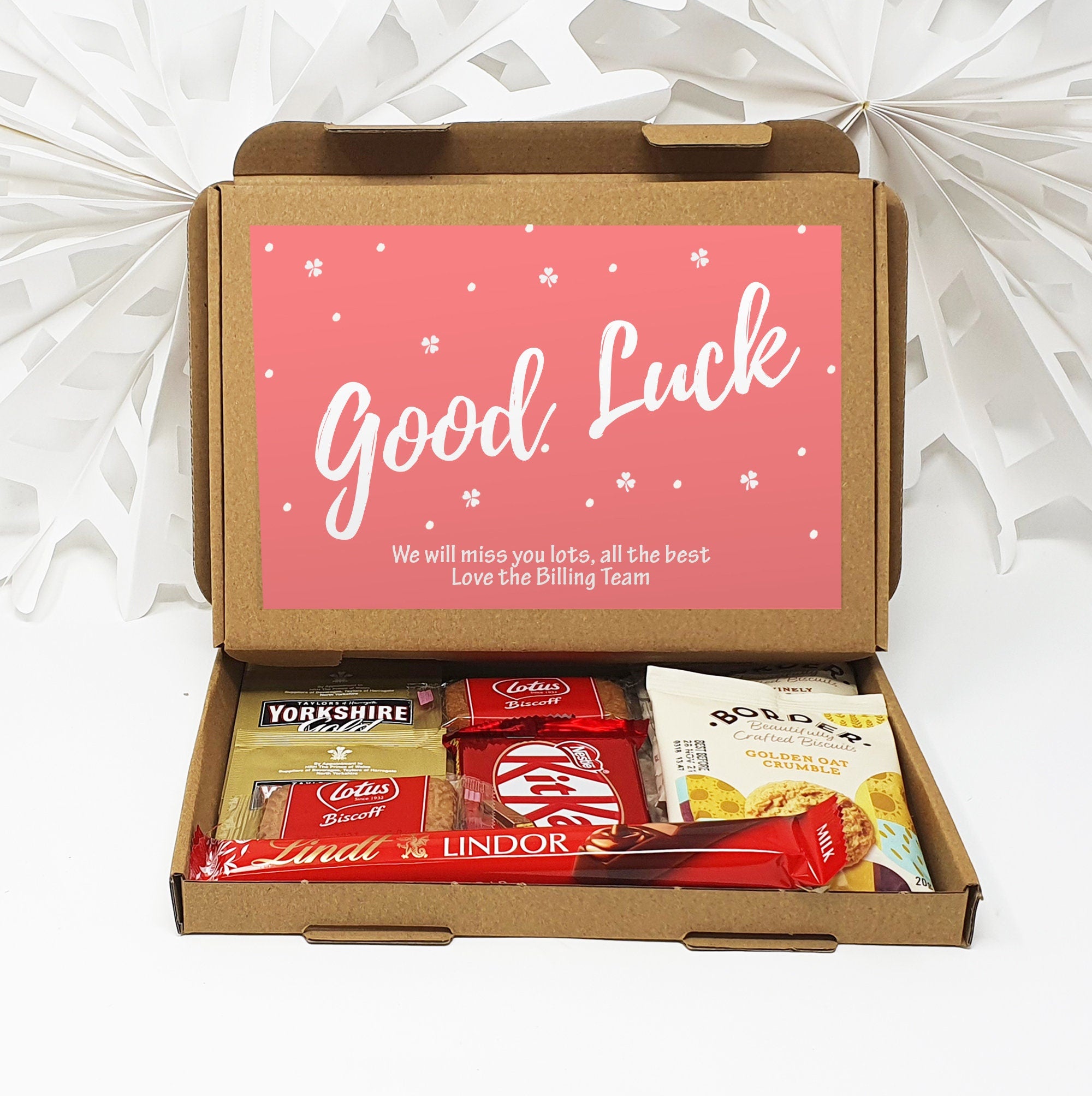 Personalised Good Luck University New Job Treat Box Letterbox Gift Hug in a Box Hamper Chocolate Sweets Tea Lover Coffee Vegan