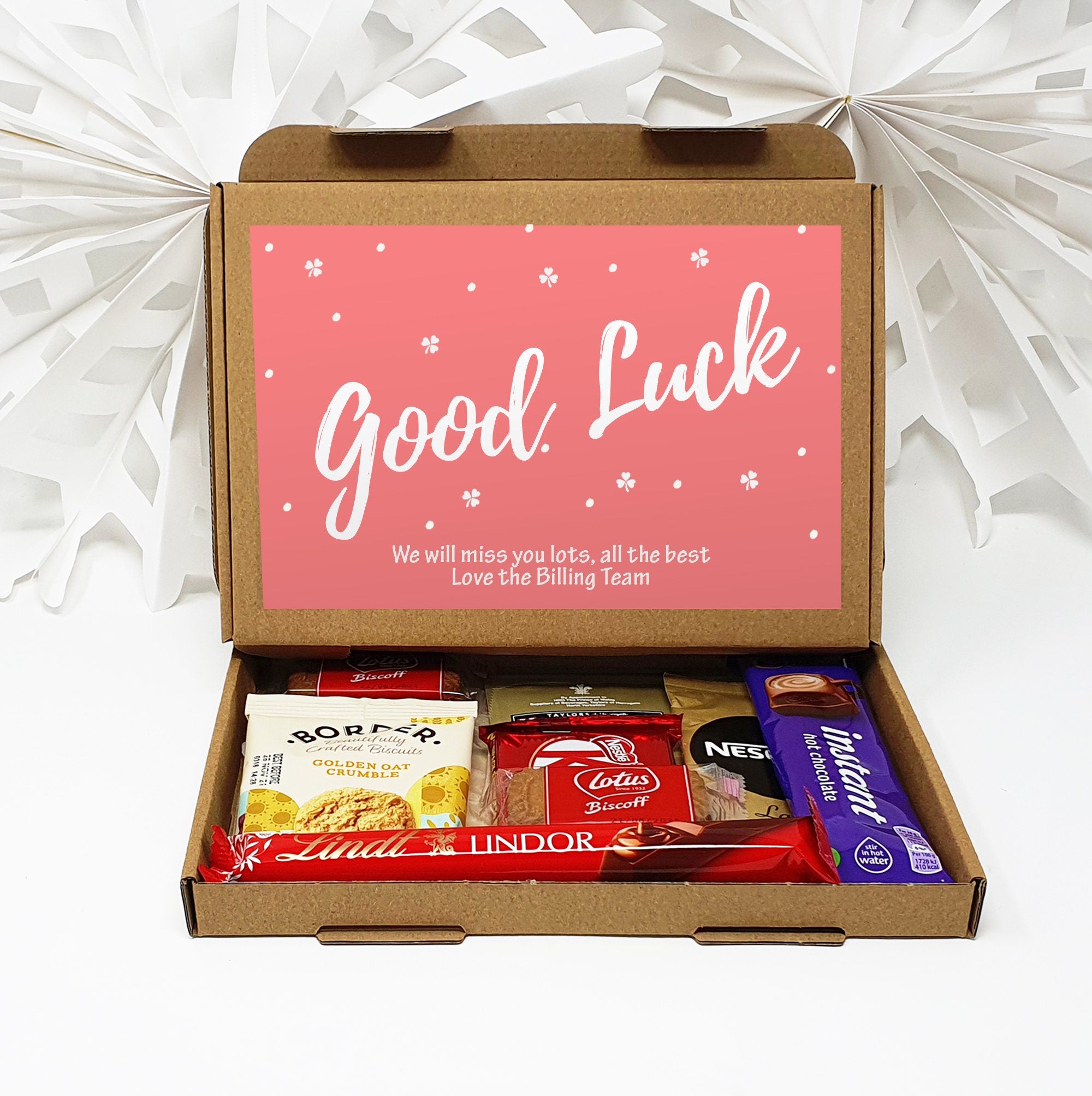 Personalised Good Luck University New Job Treat Box Letterbox Gift Hug in a Box Hamper Chocolate Sweets Tea Lover Coffee Vegan