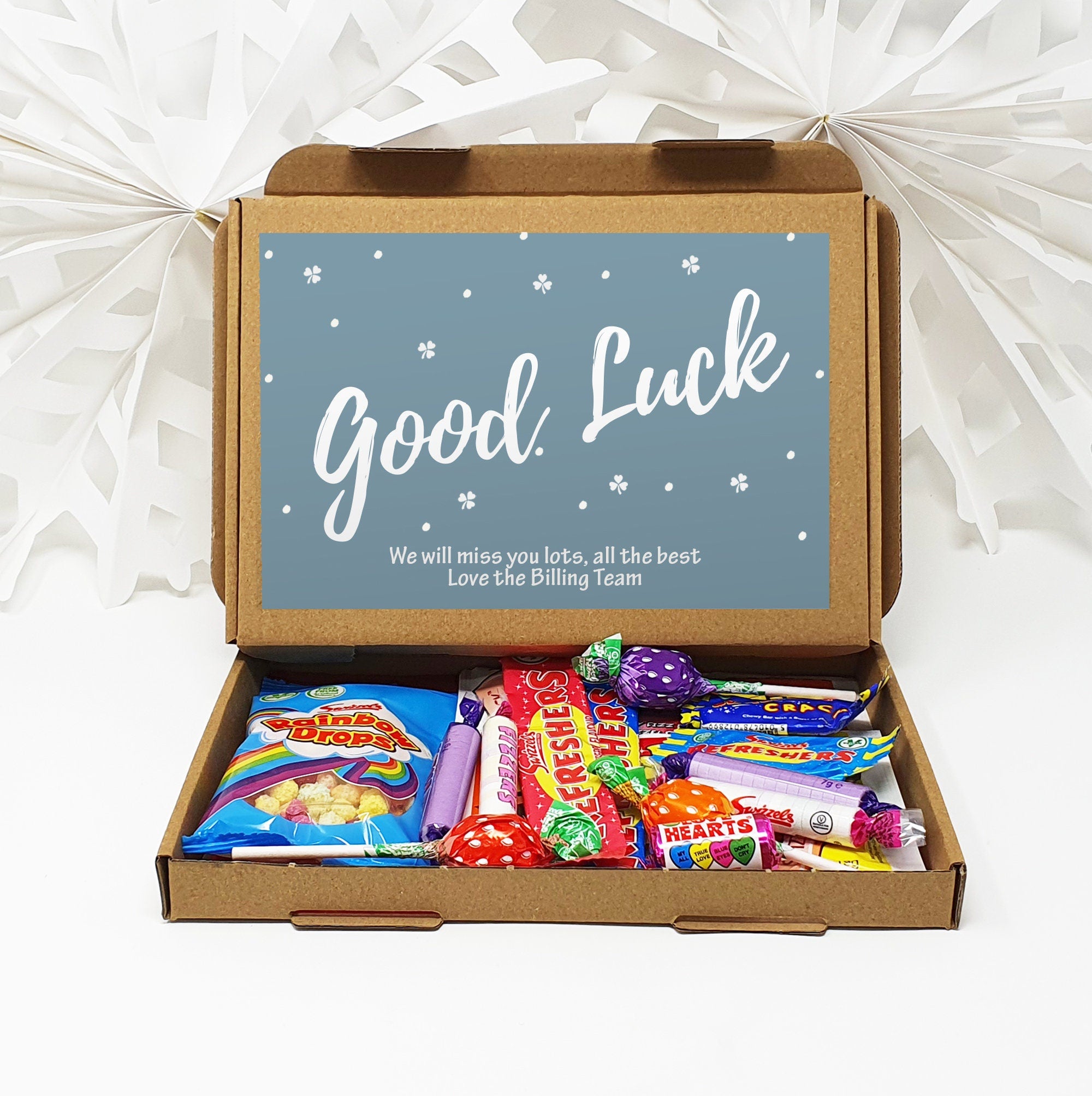 Personalised Good Luck University New Job Treat Box Letterbox Gift Hug in a Box Hamper Chocolate Sweets Tea Lover Coffee Vegan