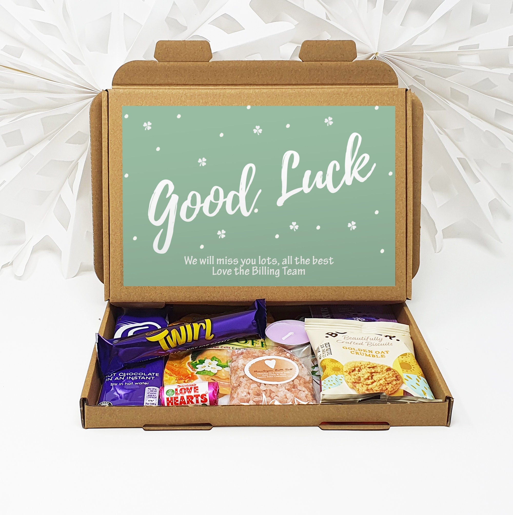 Personalised Good Luck University New Job Treat Box Letterbox Gift Hug in a Box Hamper Chocolate Sweets Tea Lover Coffee Vegan