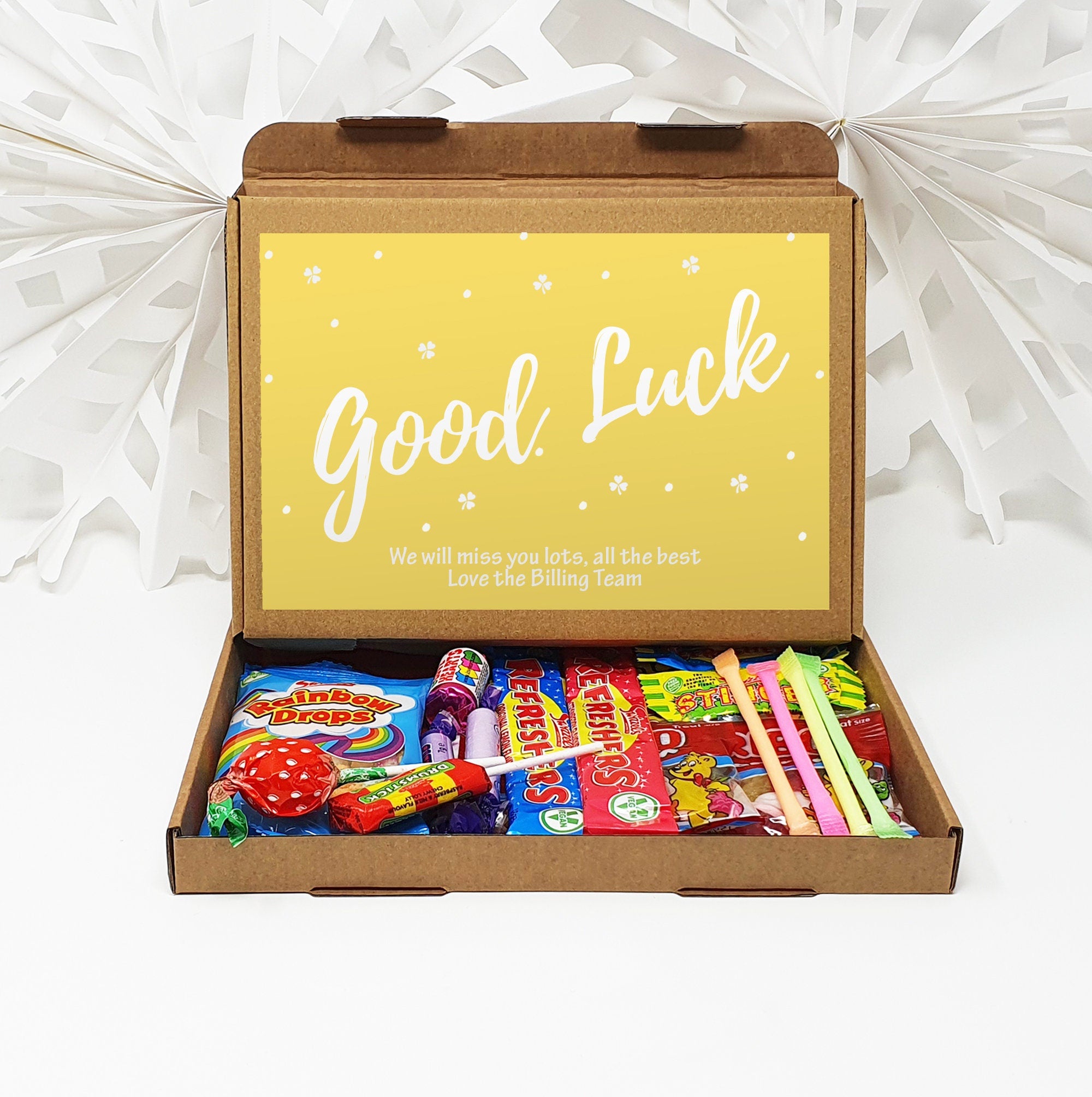 Personalised Good Luck University New Job Treat Box Letterbox Gift Hug in a Box Hamper Chocolate Sweets Tea Lover Coffee Vegan