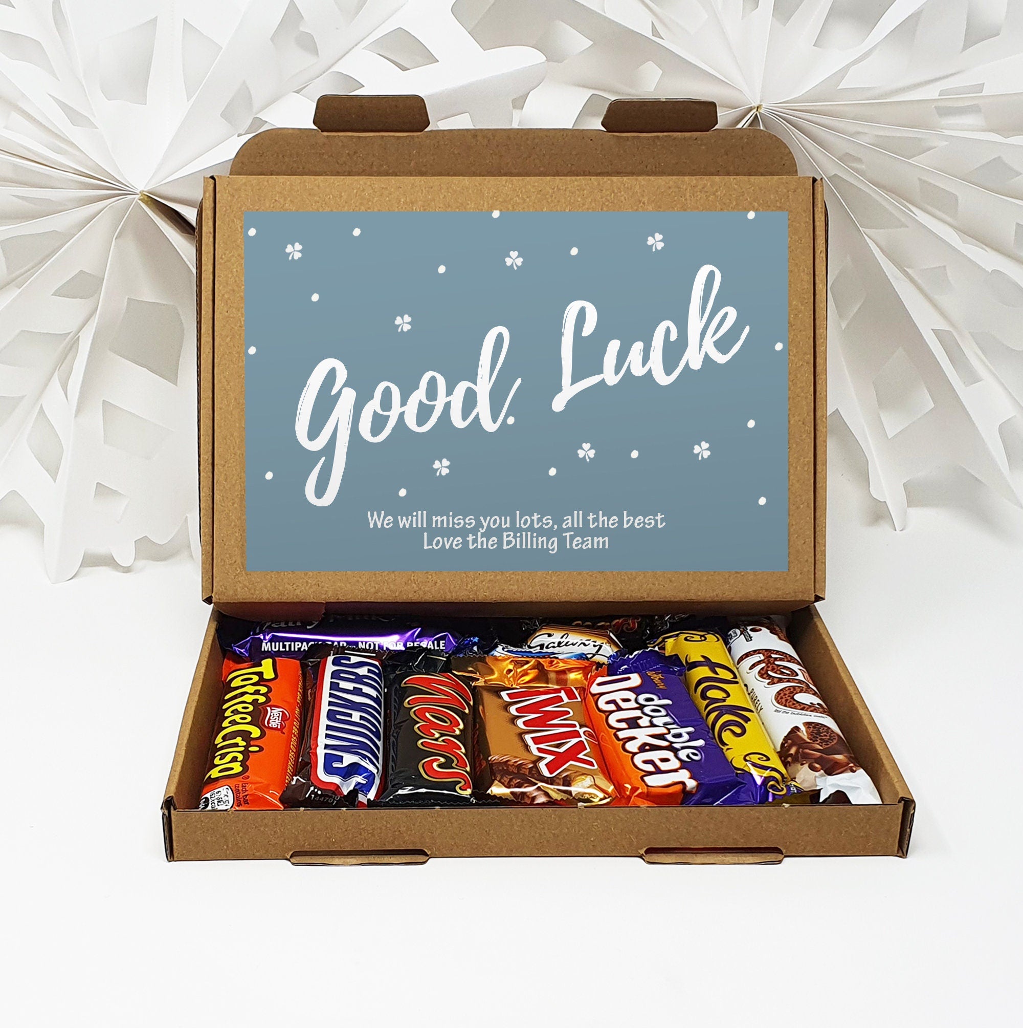 Personalised Good Luck University New Job Treat Box Letterbox Gift Hug in a Box Hamper Chocolate Sweets Tea Lover Coffee Vegan