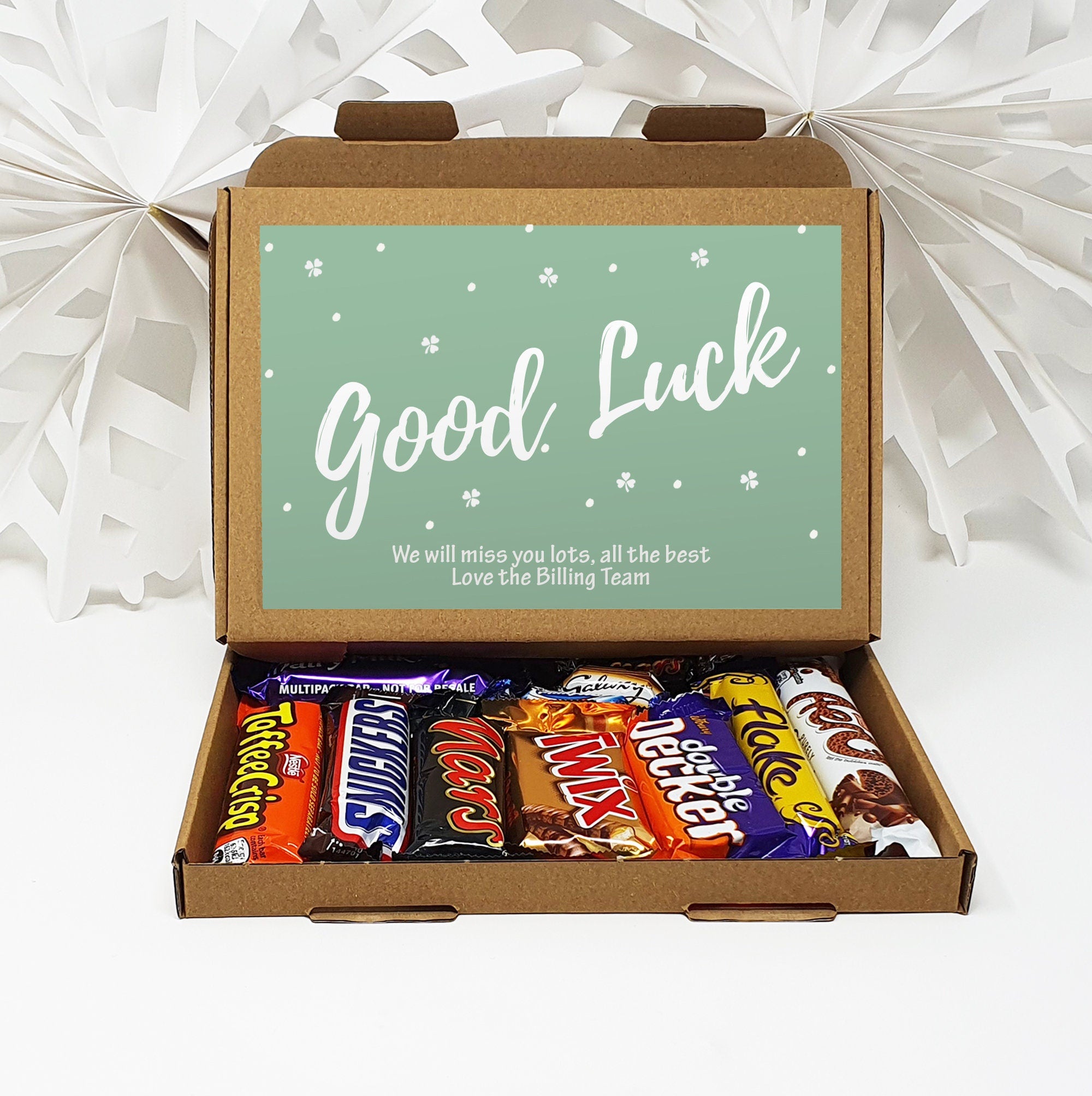 Personalised Good Luck University New Job Treat Box Letterbox Gift Hug in a Box Hamper Chocolate Sweets Tea Lover Coffee Vegan