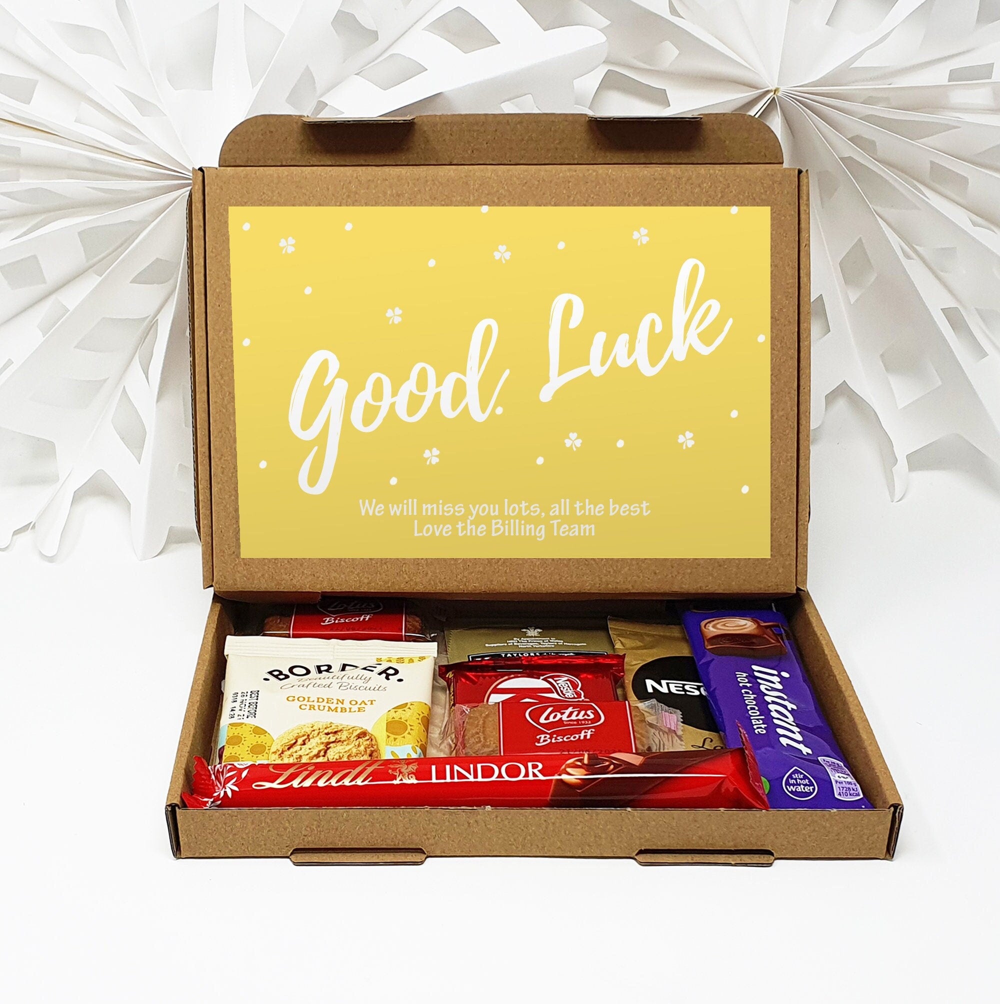 Personalised Good Luck University New Job Treat Box Letterbox Gift Hug in a Box Hamper Chocolate Sweets Tea Lover Coffee Vegan