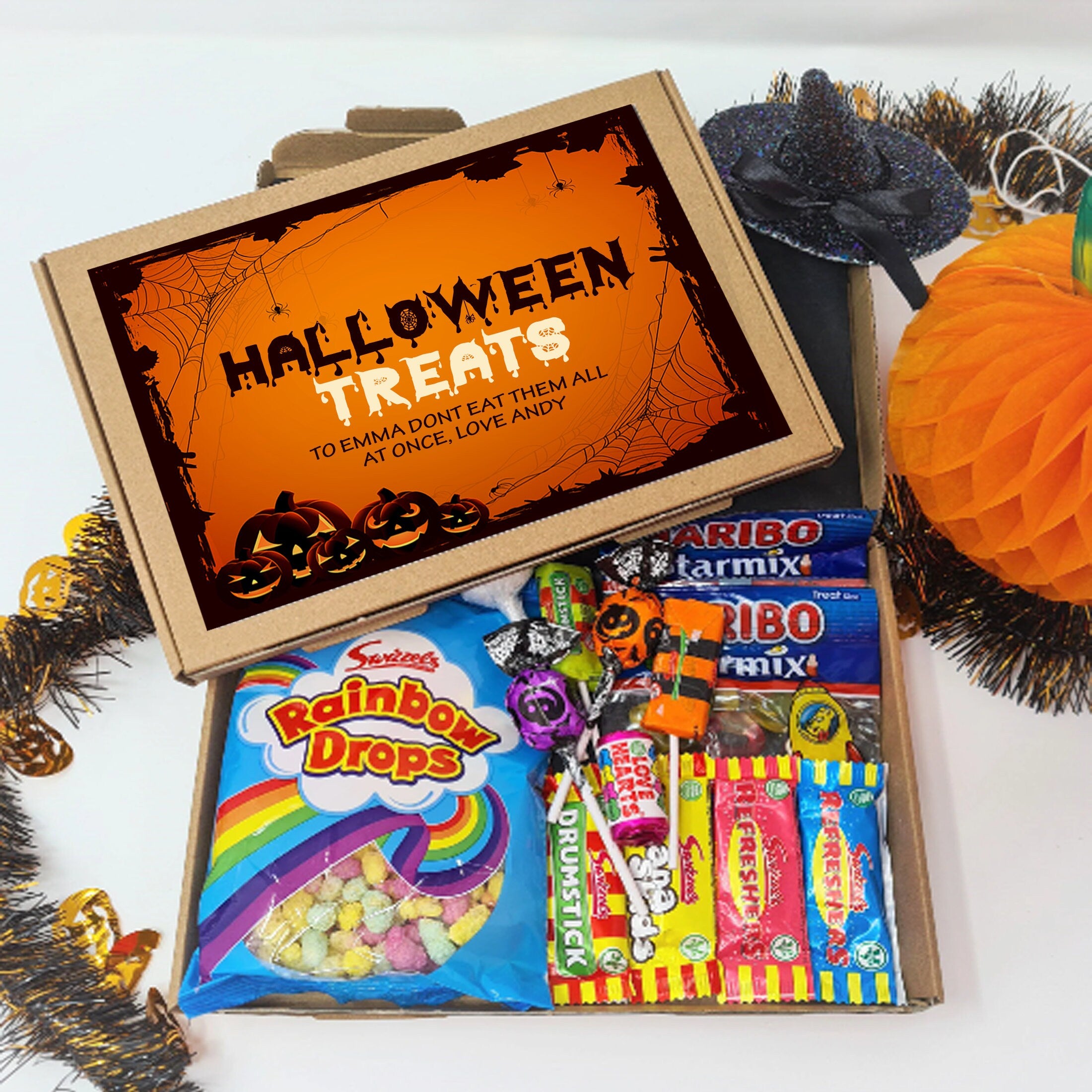 Personalised Halloween Sweets Box Trick or Treat Gift Hamper Mail Candy Retro Crafts