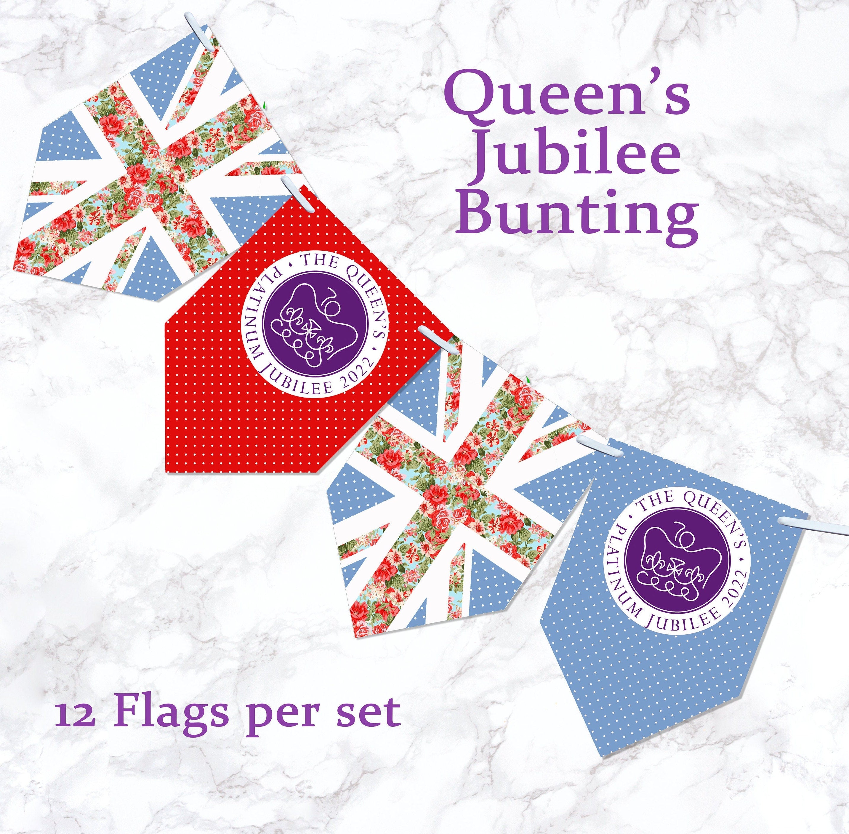 Queens Platinum Jubilee Bunting | Party Decorations | Union Jack Banner | Patriotic Street Party Decorations | 12 Printed Flags