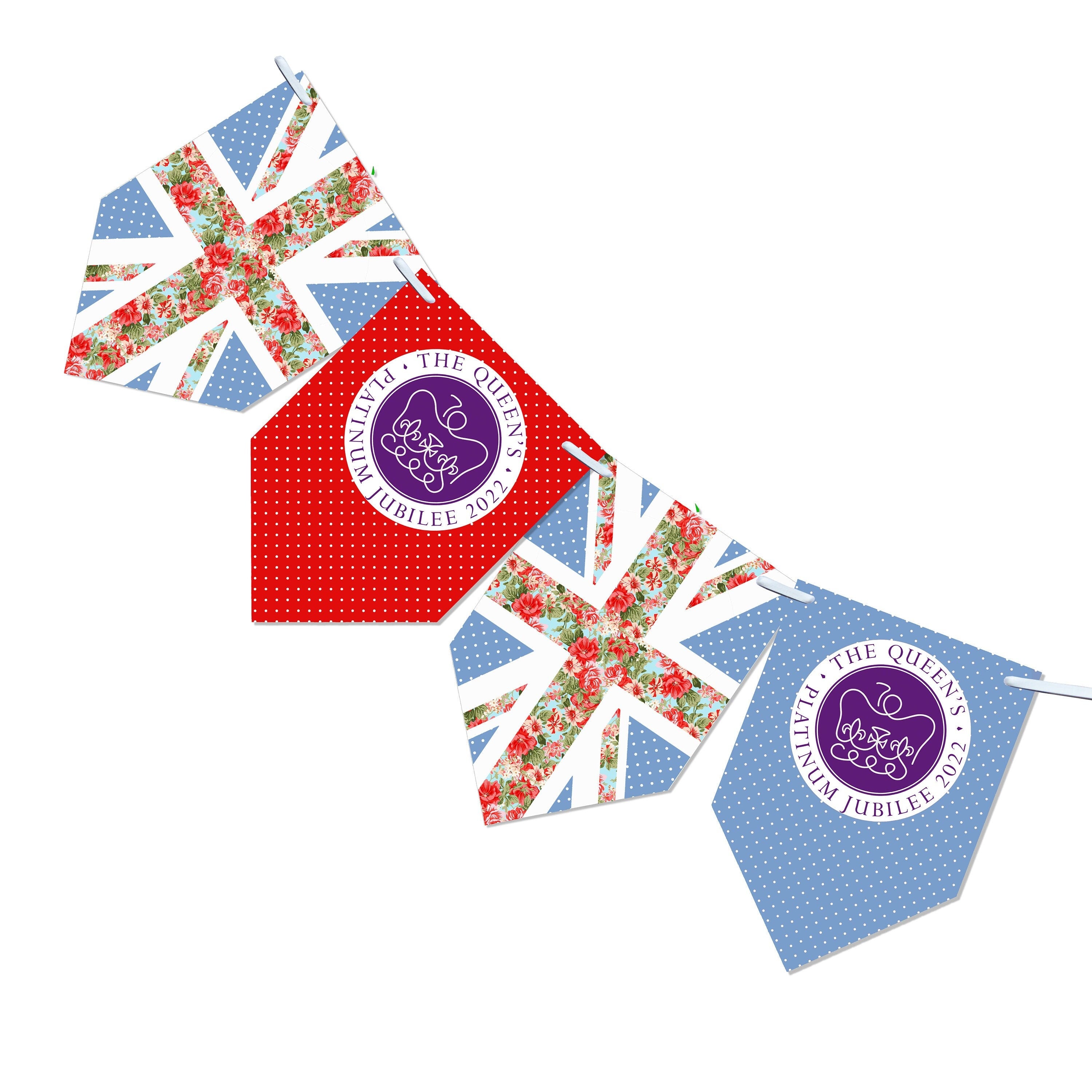 Queens Platinum Jubilee Bunting | Party Decorations | Union Jack Banner | Patriotic Street Party Decorations | 12 Printed Flags Floral