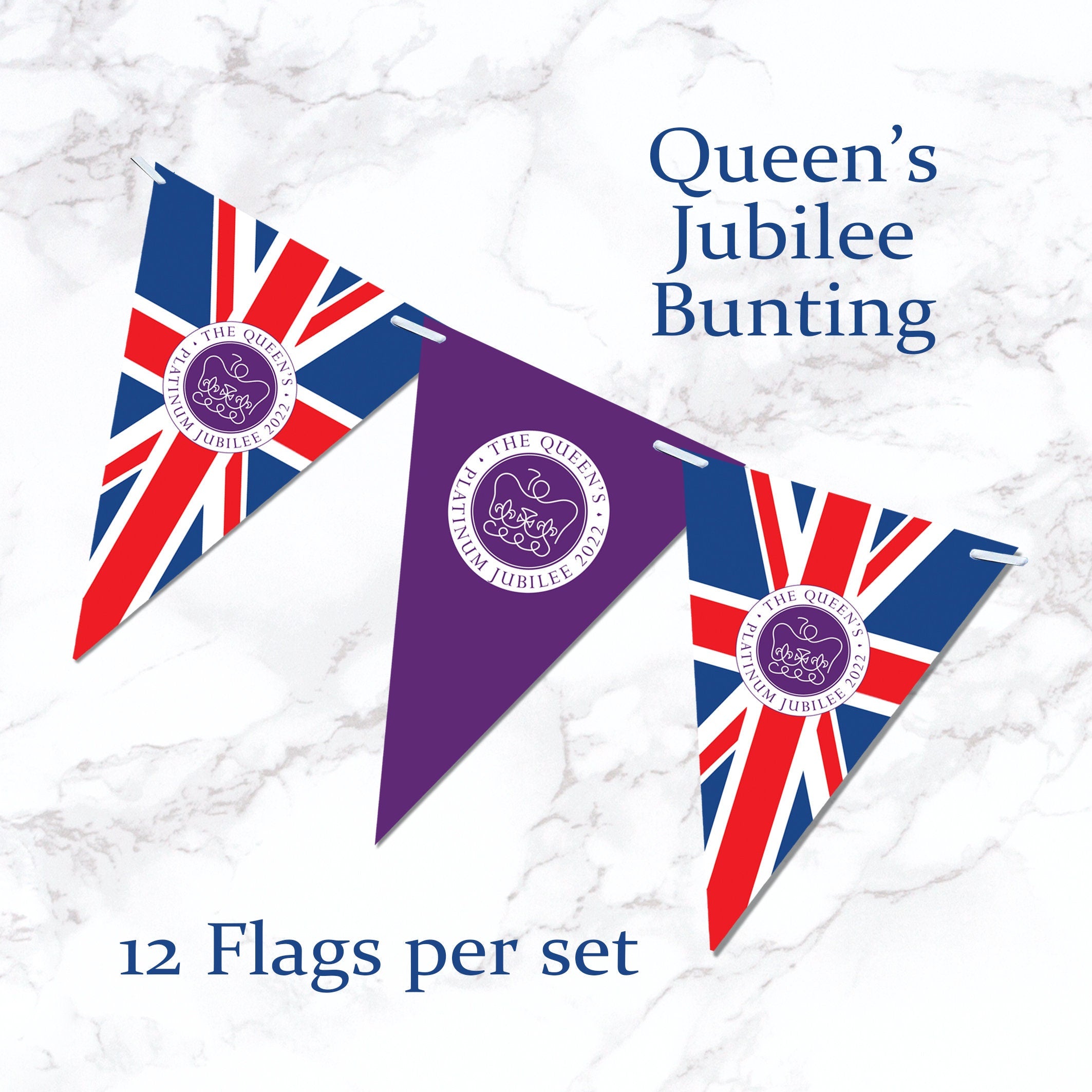 Queens Platinum Jubilee Bunting | Party Decorations | Union Jack Banner | Patriotic Street Party Decorations | 12 Printed Flags