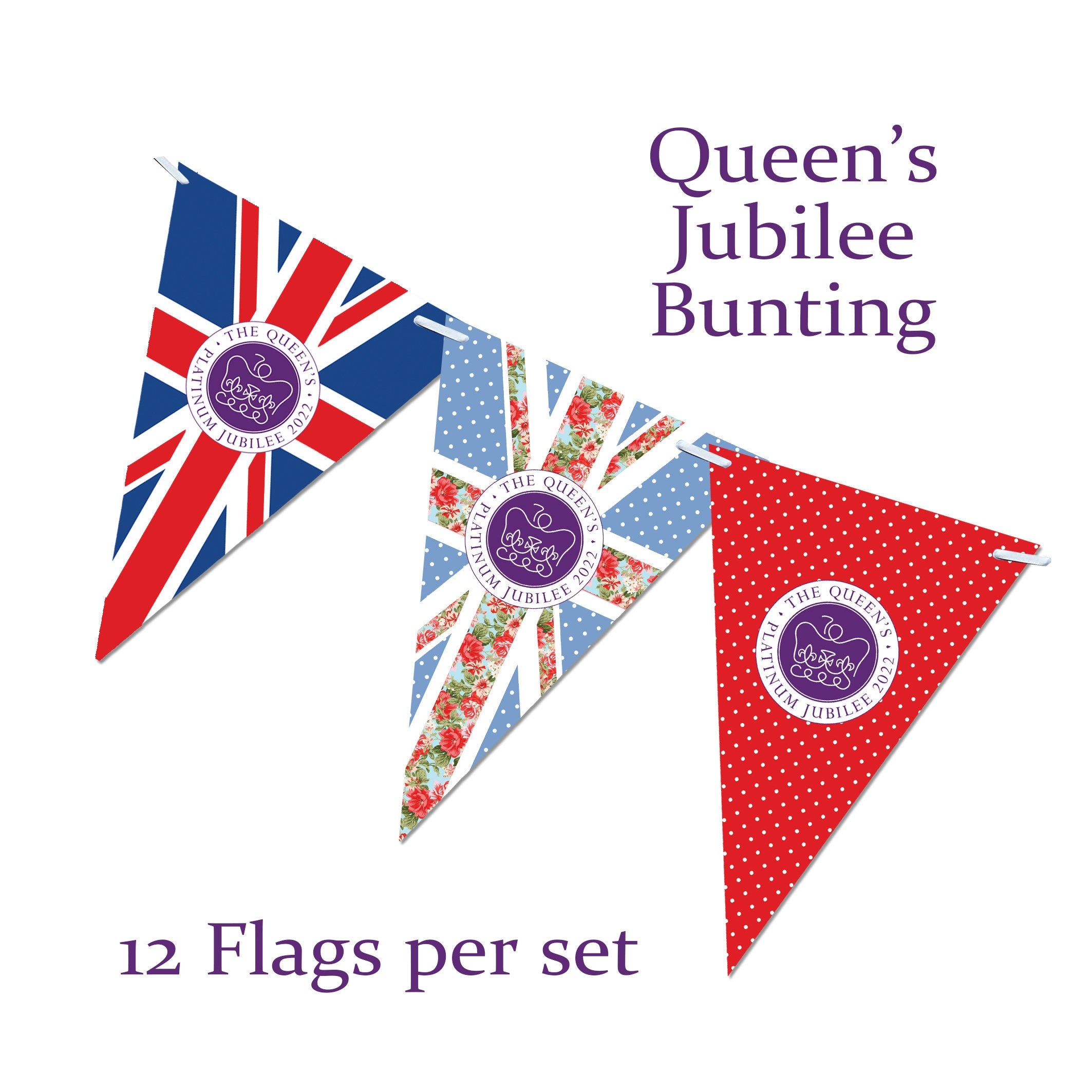 Queens Platinum Jubilee Bunting | Party Decorations | Union Jack Banner | Patriotic Street Party Decorations | 12 Printed Flags Floral