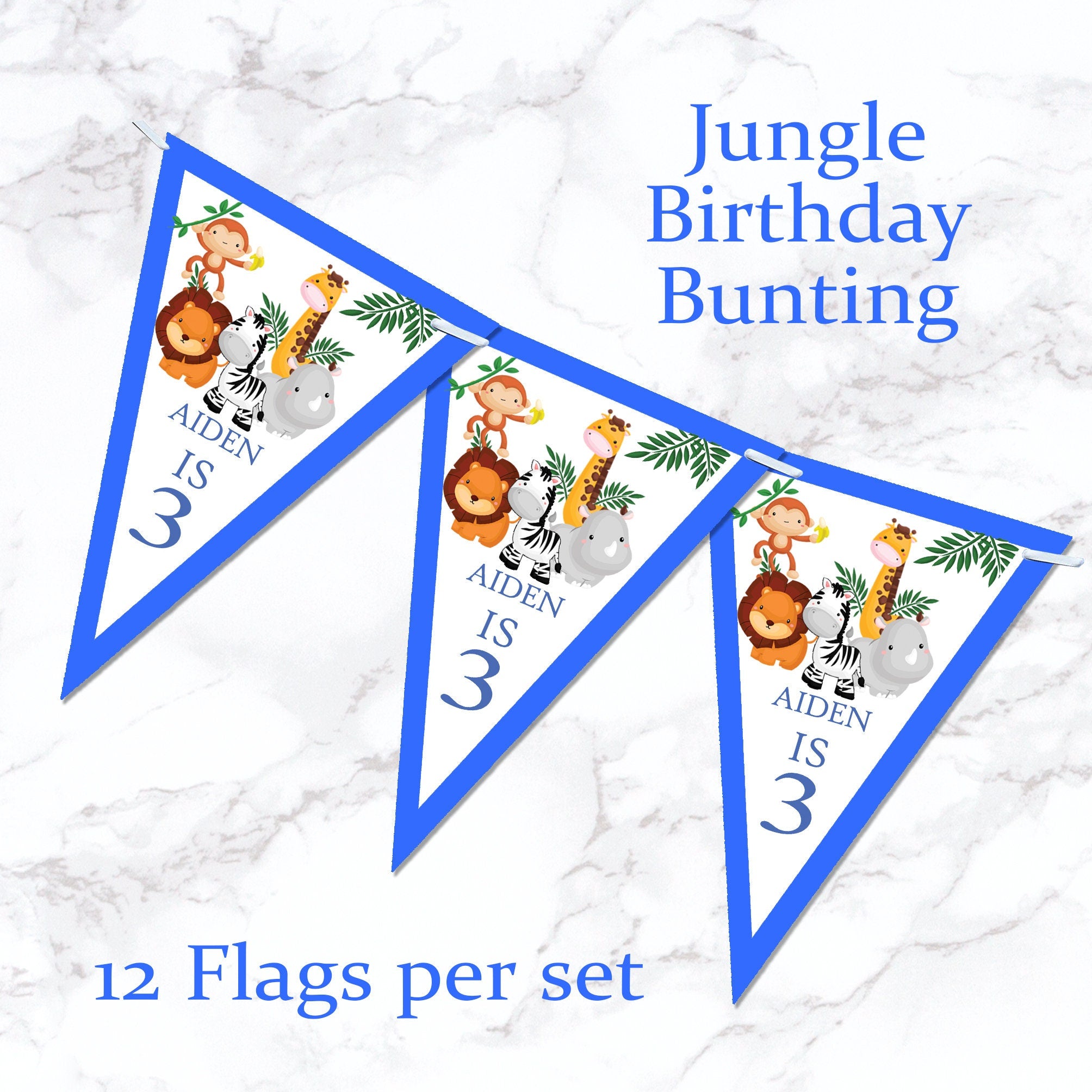 Personalised Animal Jungle Bunting Banner Birthday Party Girl Boy Pink Green Blue Yellow