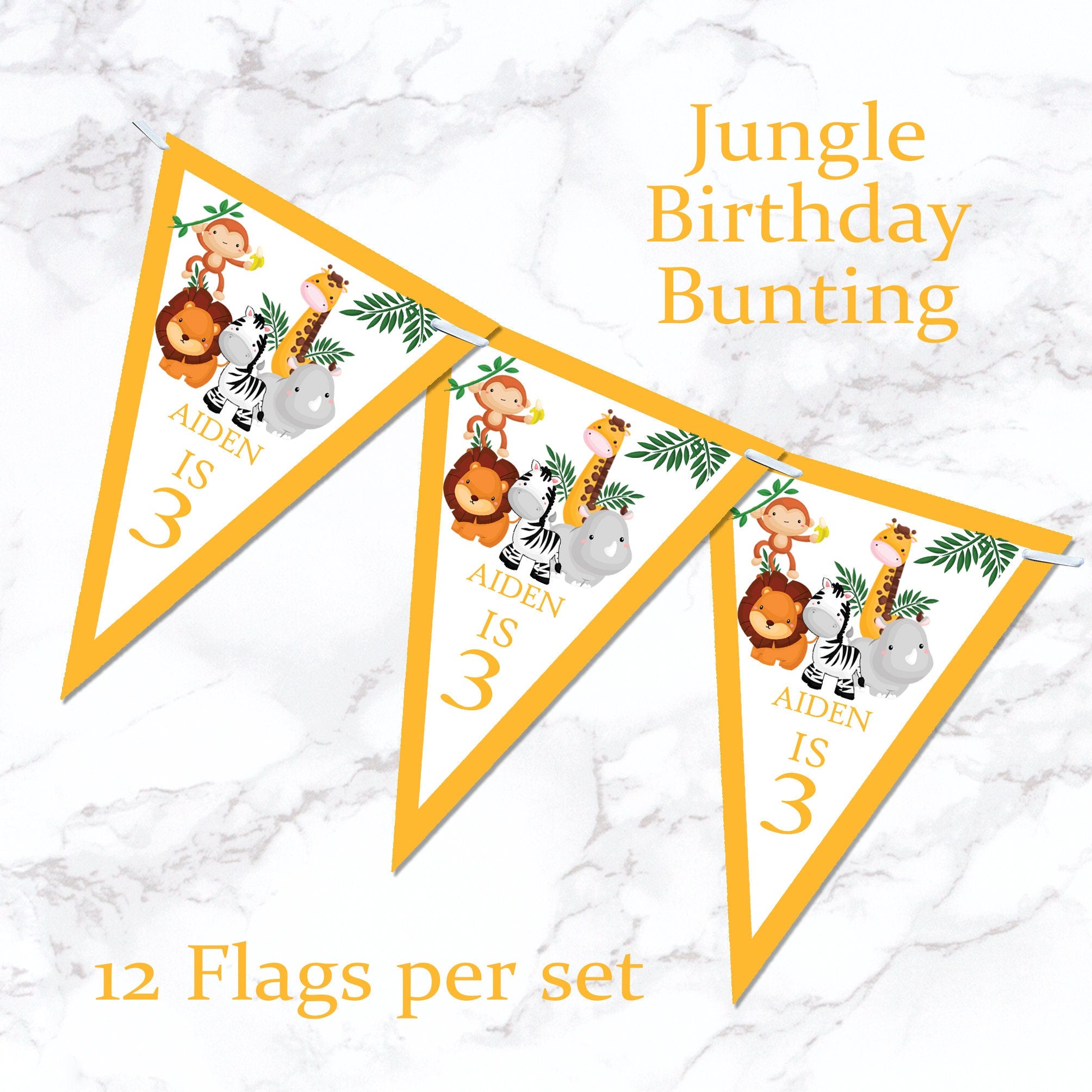 Personalised Animal Jungle Bunting Banner Birthday Party Girl Boy Pink Green Blue Yellow