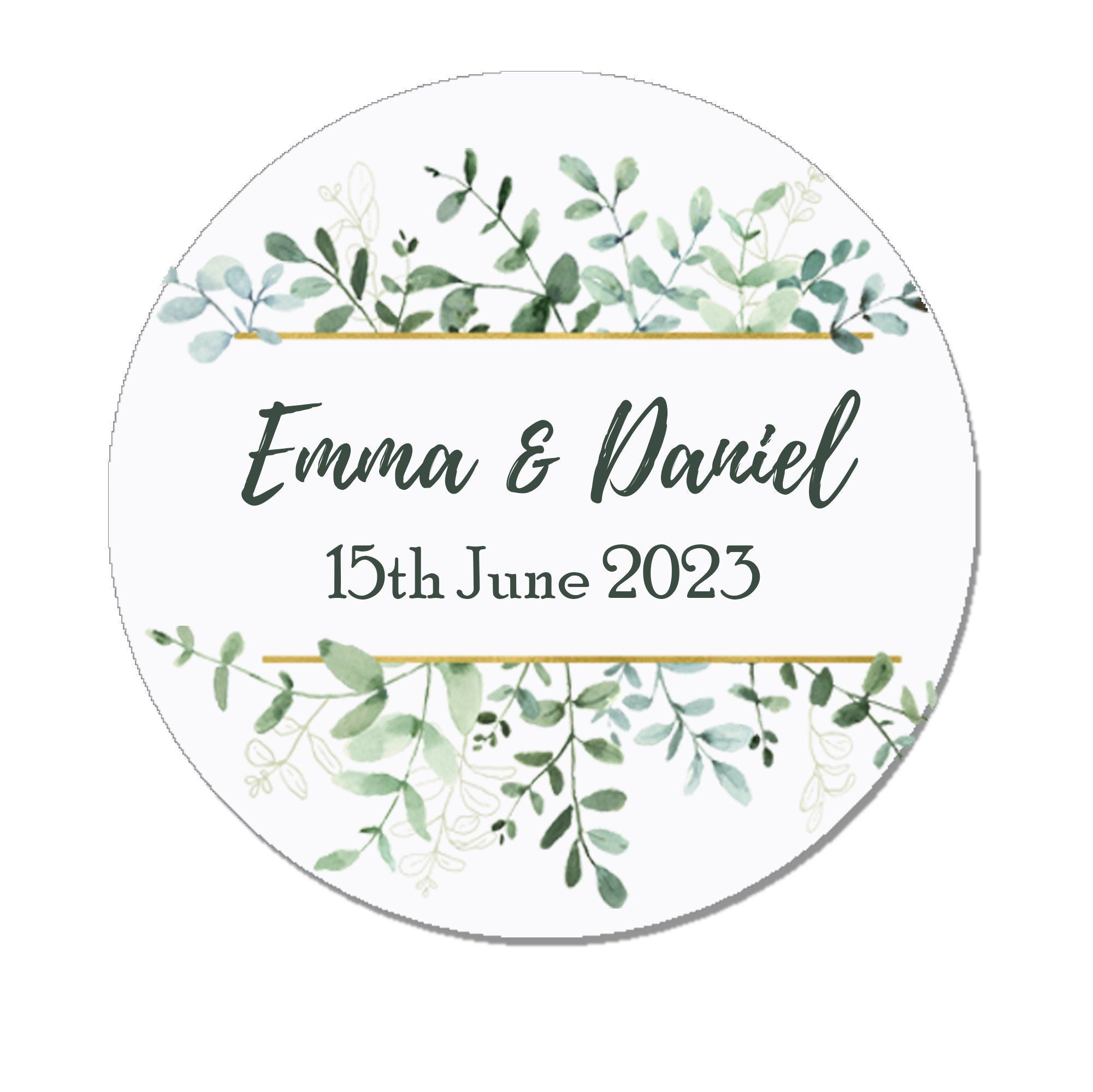 Personalised Wedding Eucalyptus and gold Shabby Effect Favour Thank you Stickers