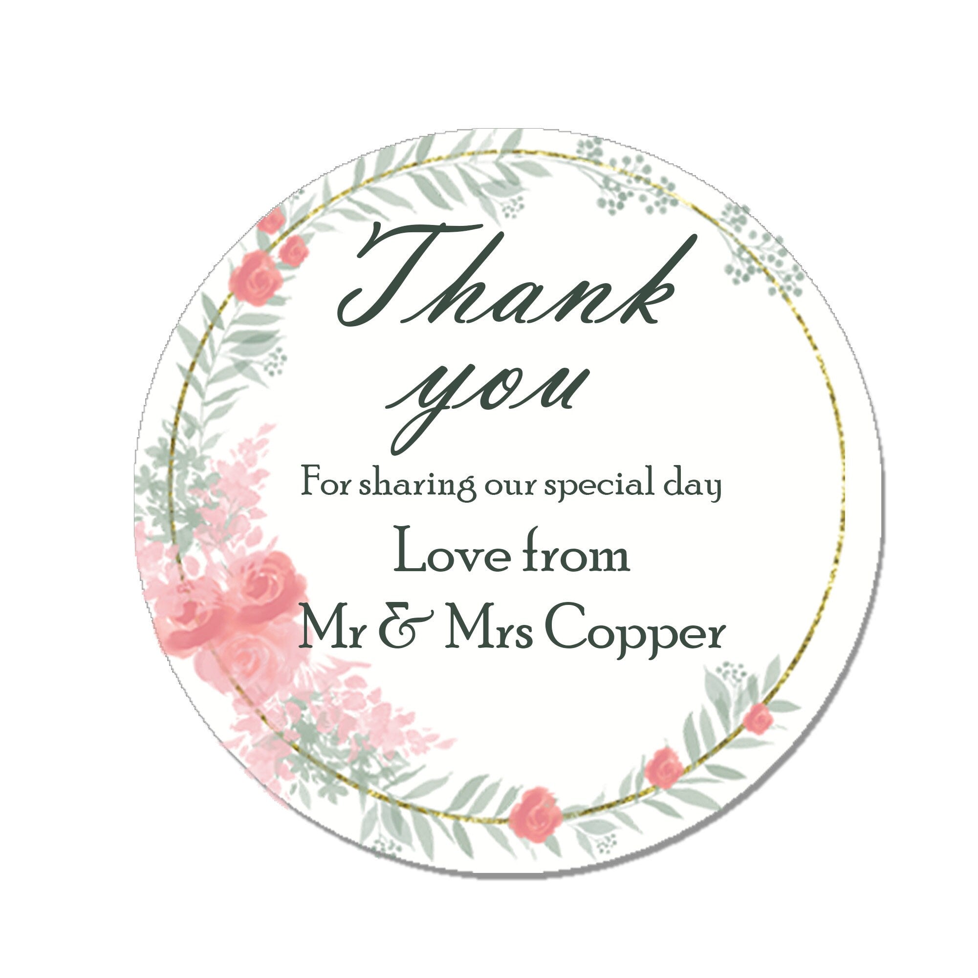 Personalised Wedding Eucalyptus Shabby Effect Favour Thank you Stickers - Pink Floral