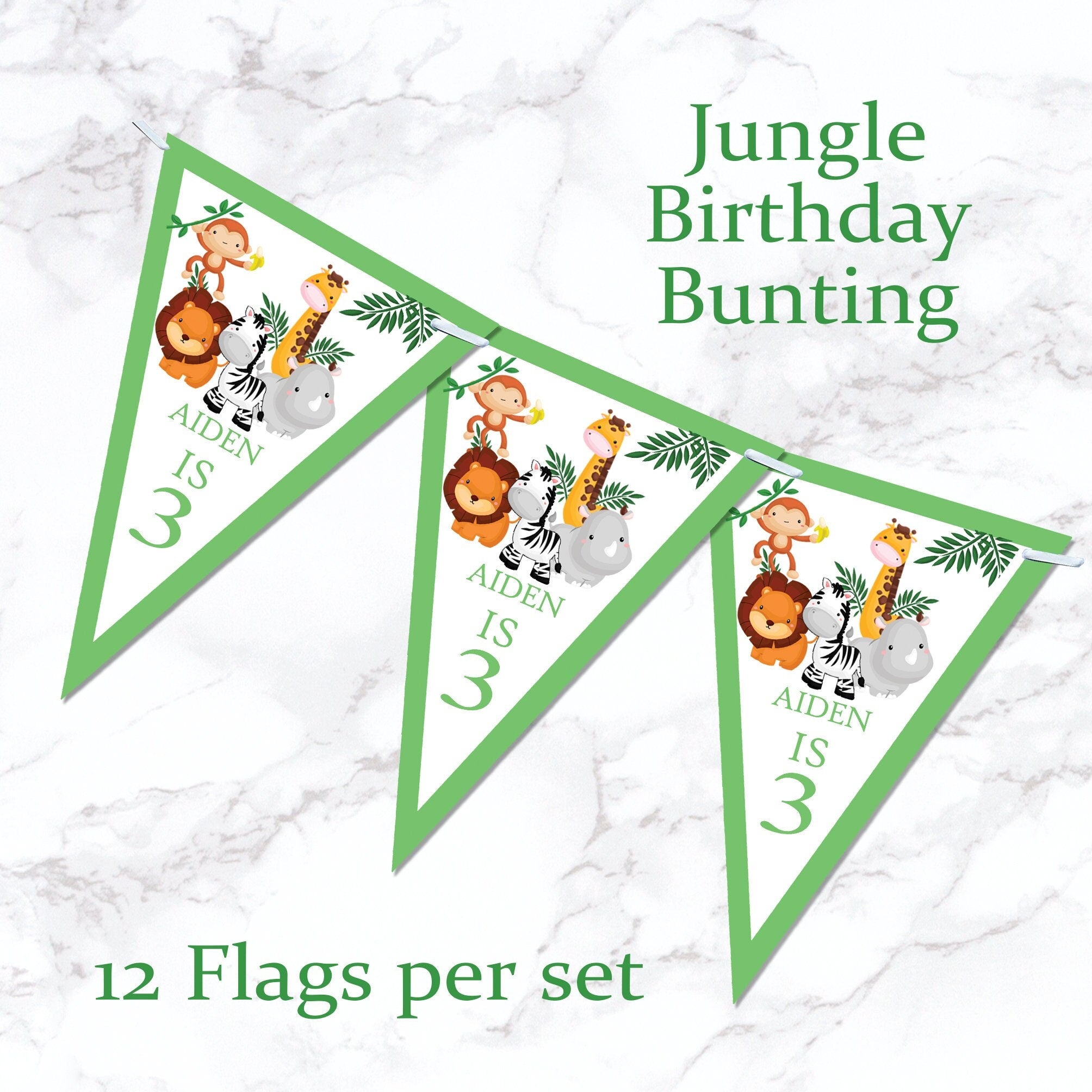 Personalised Animal Jungle Bunting Banner Birthday Party Girl Boy Pink Green Blue Yellow