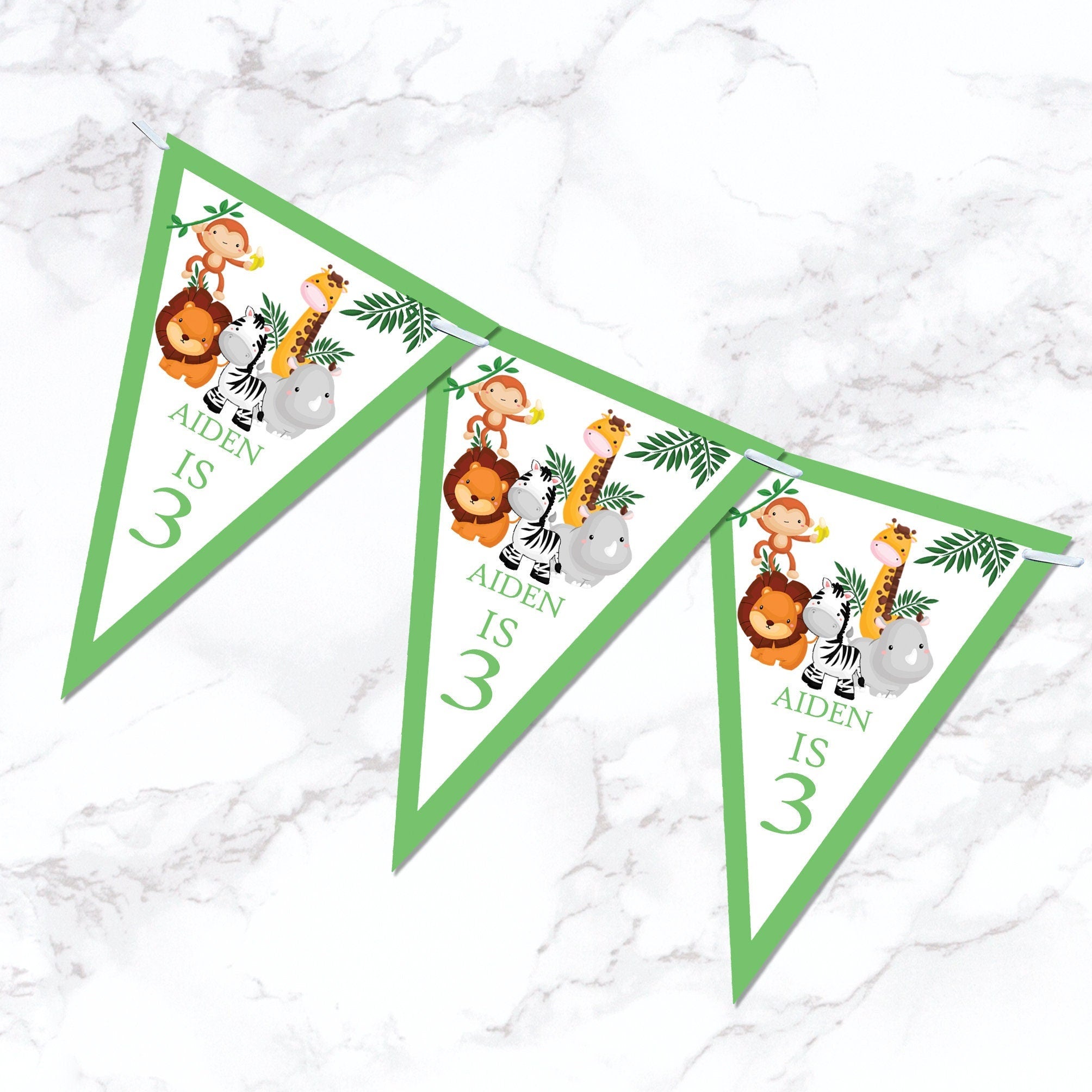 Personalised Animal Jungle Bunting Banner Birthday Party Girl Boy Pink Green Blue Yellow