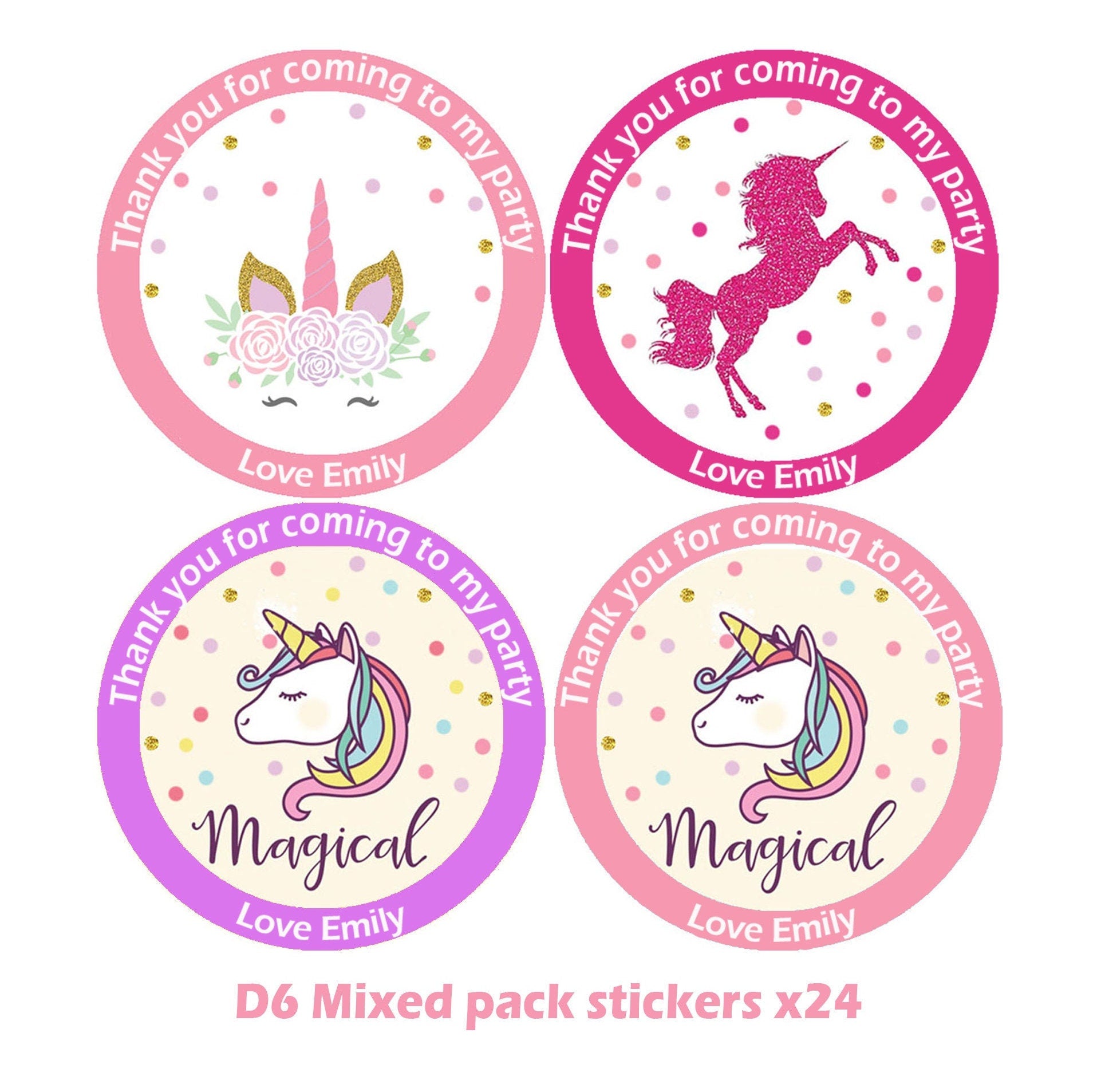 Personalised Unicorn Birthday Stickers For Party Thank You Sweet Cone Bags 4.5cm - with or without cones