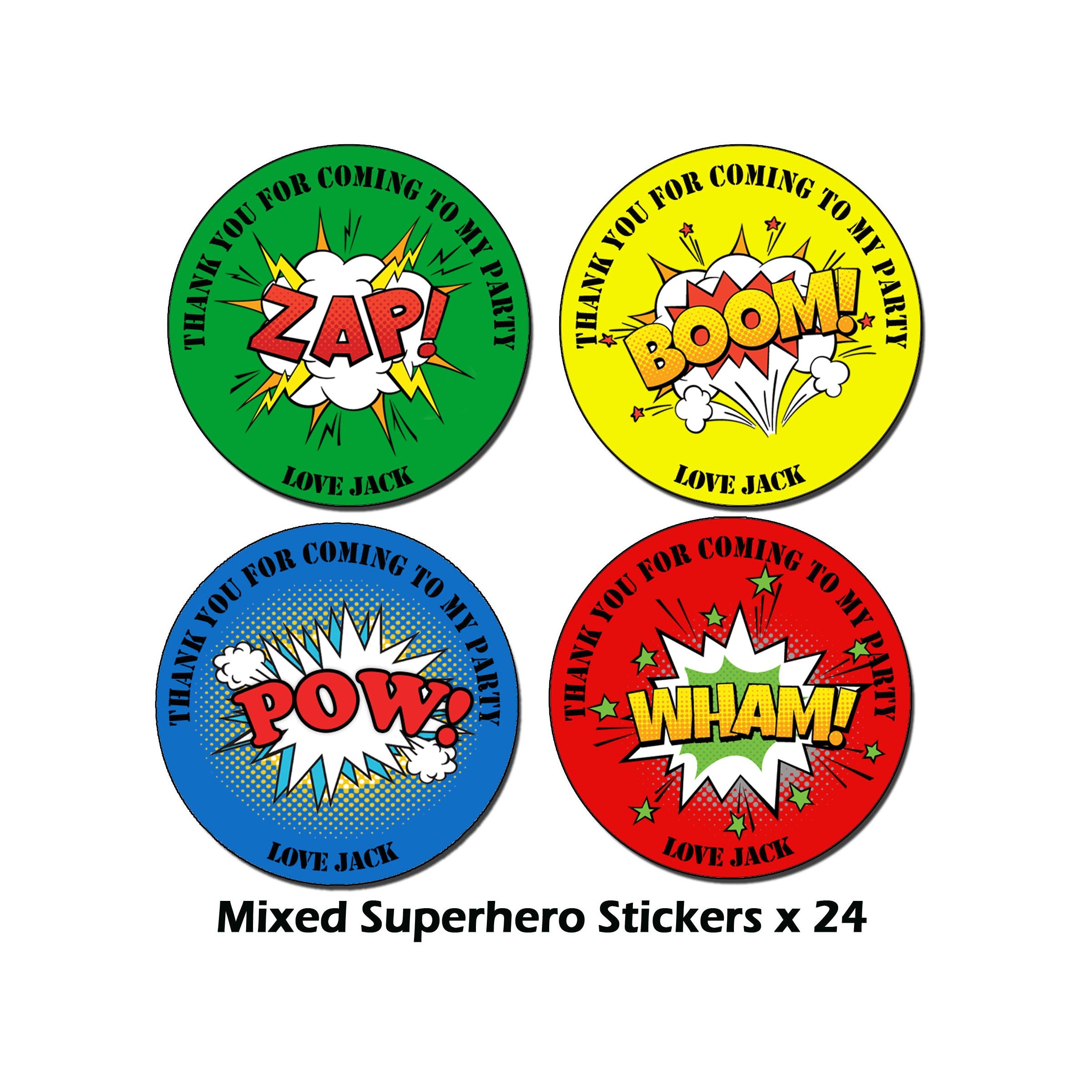 Personalised Super hero Birthday Stickers For Party Thank You Sweet Cone Bags Pow Boom