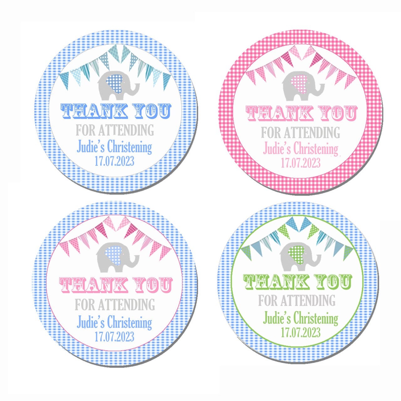 Personalised Christening Stickers Thank You Sweet Cone Bags Favour Elephant