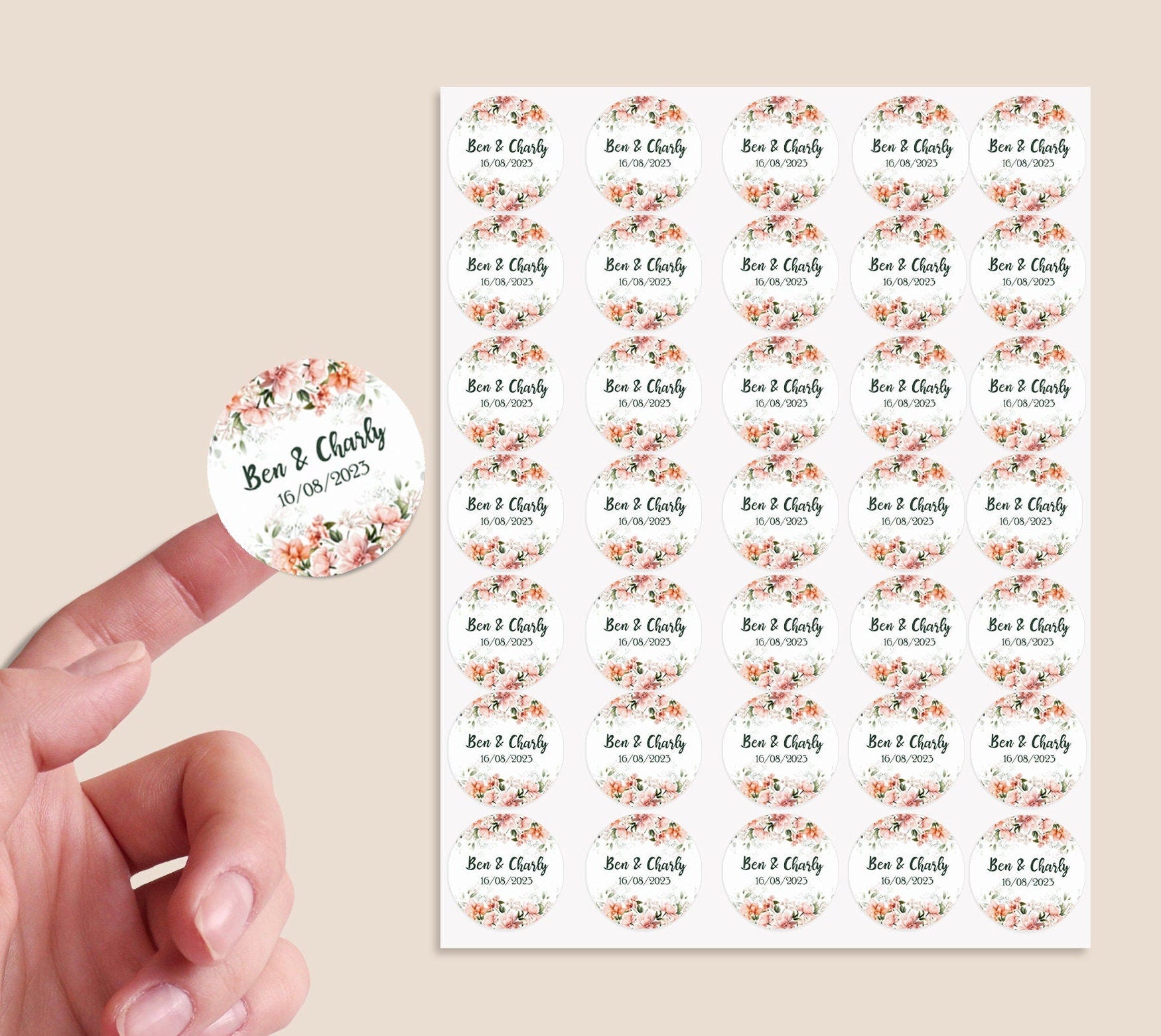 35 Personalised Wedding Stickers Shabby Effect Favour Peach Floral Thank you Gift Favour Rustic