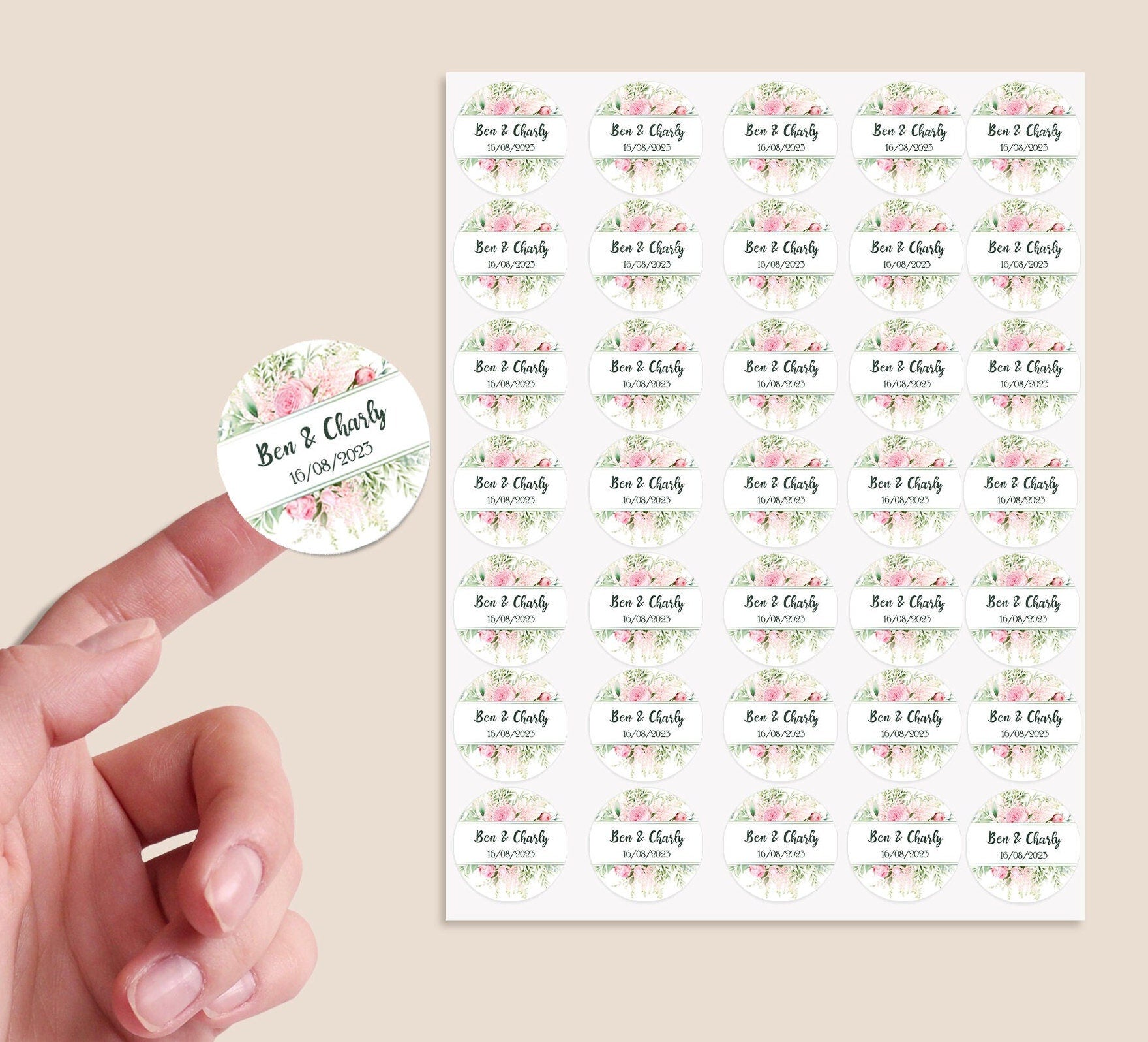 35 Personalised Wedding Stickers Shabby Effect Favour Pink Floral Thank you Gift Favour