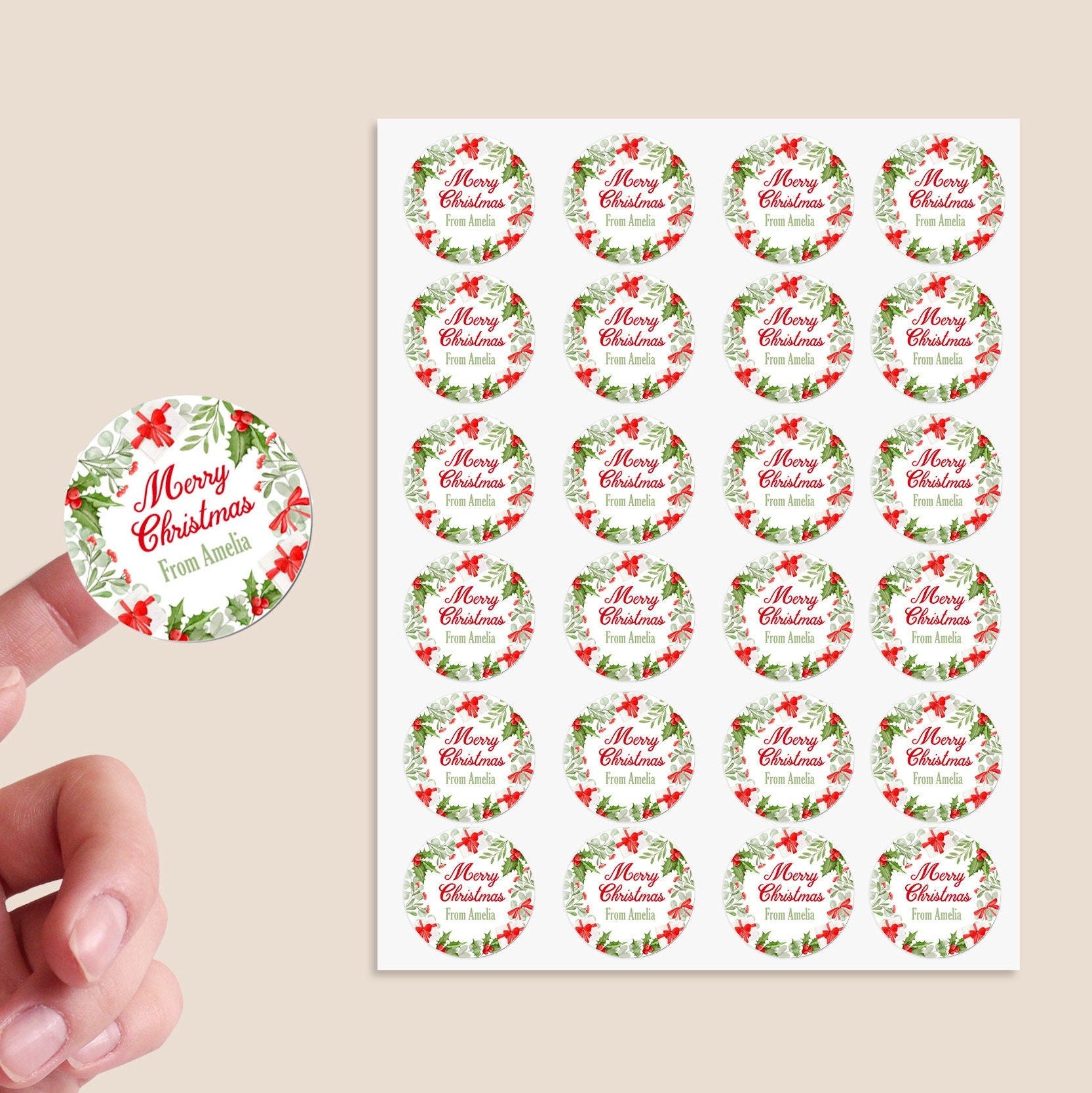 24 Personalised Christmas Stickers Gift Tag Labels Present Wreath Floral Vintage