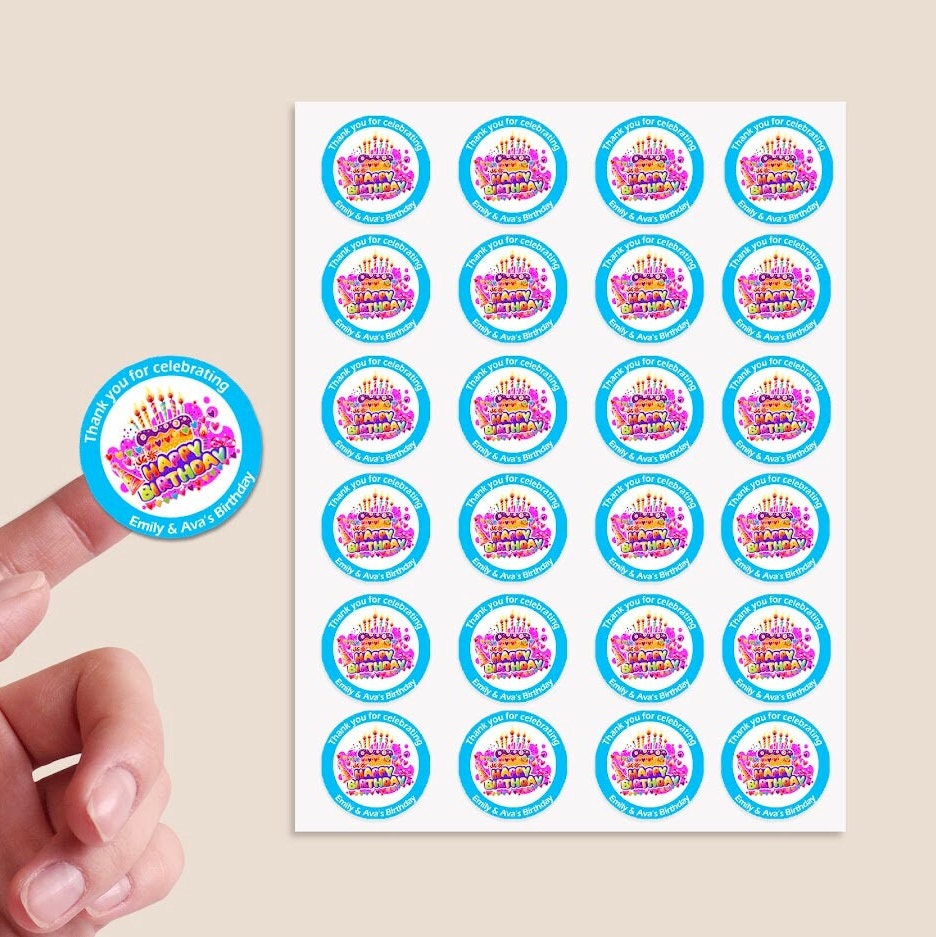 Personalised Birthday Stickers For Party Thank You Sweet Cone Bags Cakes Candles