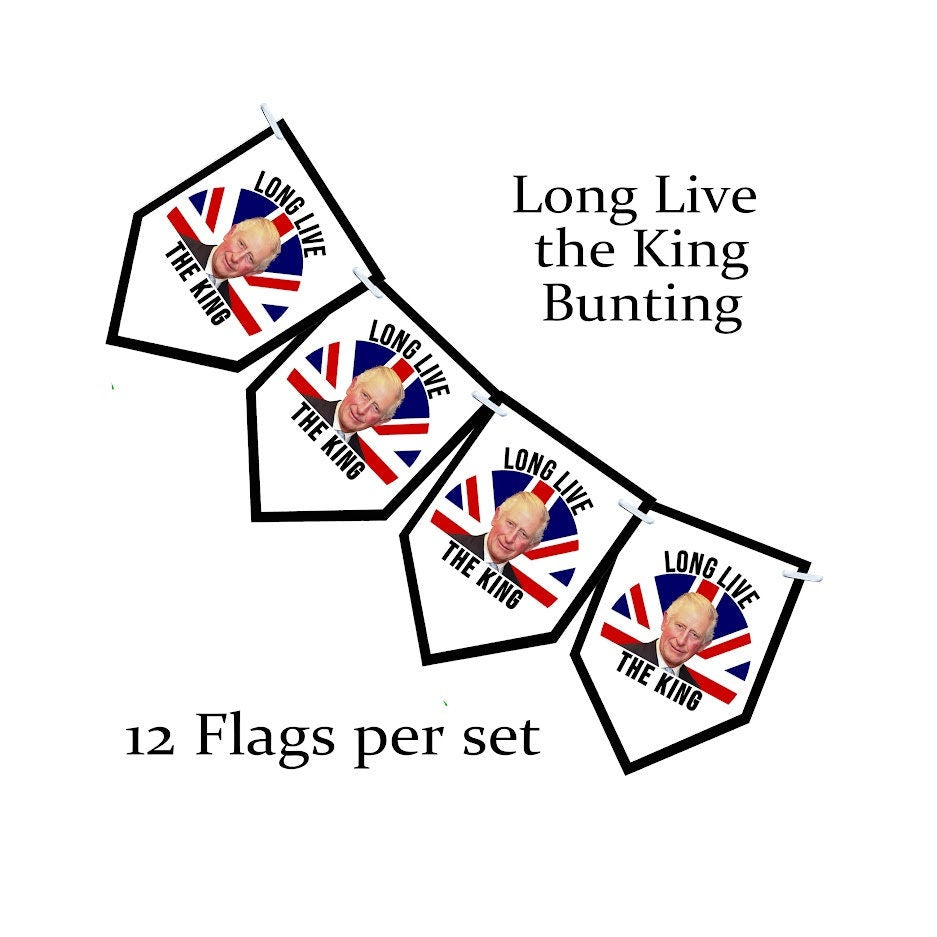 12 Printed Flags King Charles Coronation Bunting | Decorations | Union Jack Banner | Patriotic Queen Elizabeth | Long Live the King