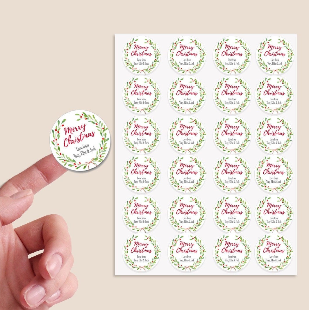 24 Personalised Christmas Stickers Gift Tag Labels Present Wreath Floral Red & Green