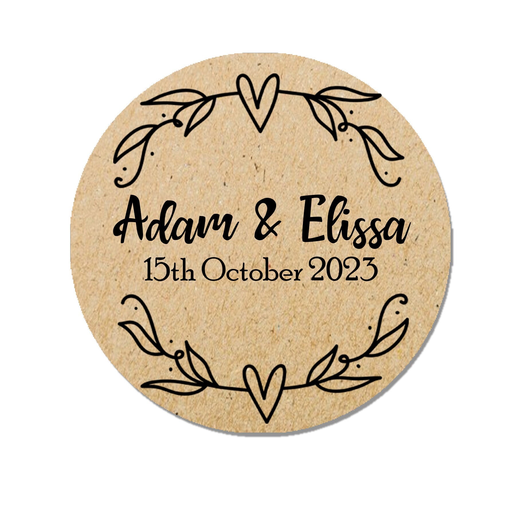 35 Personalised Wedding Shabby Chic Brown Kraft Effect Favour Rustic Heart Stickers