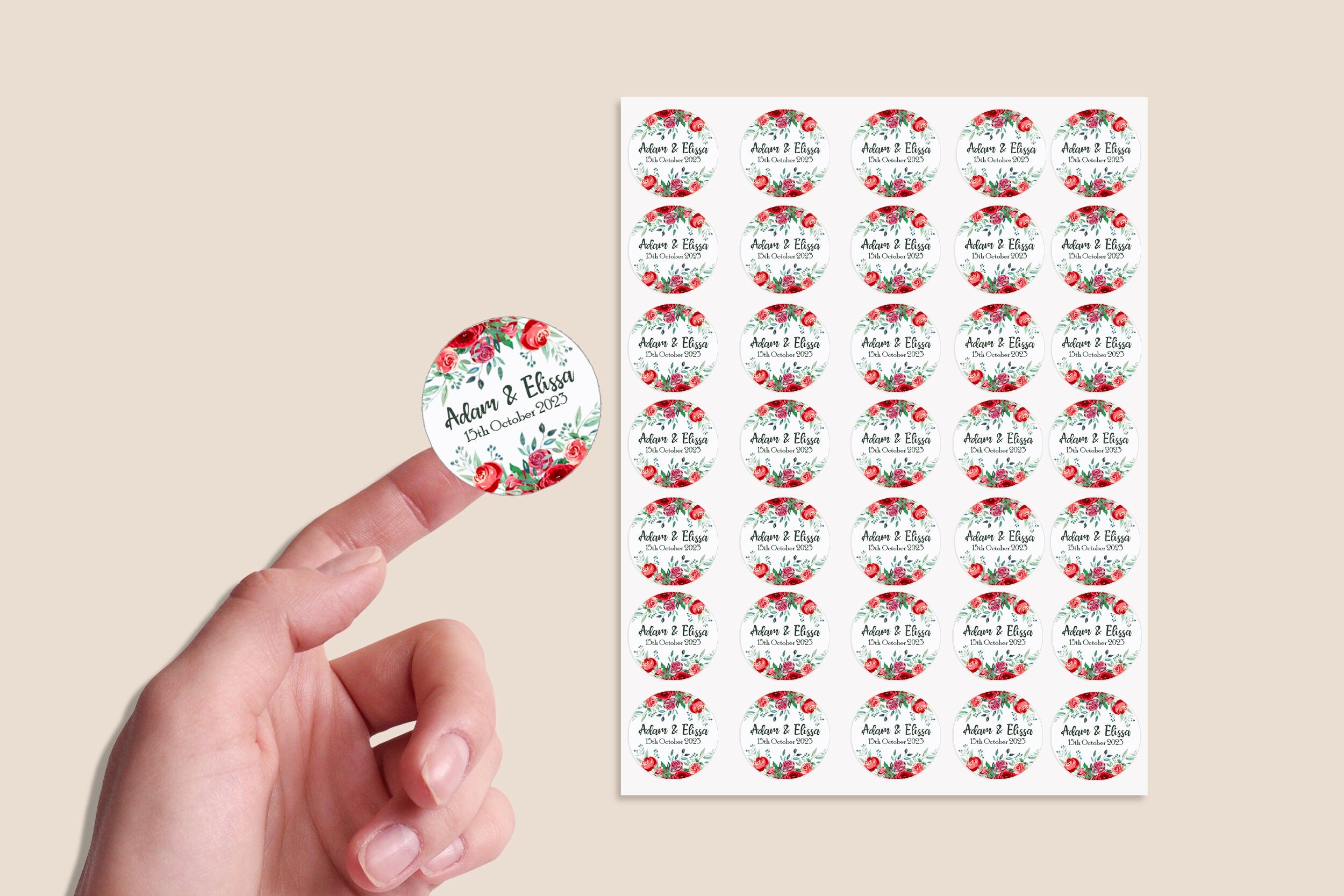 35 Personalised Wedding Stickers Shabby Effect Favour RED Eucalyptus Floral Thank you Gift Favour Rustic