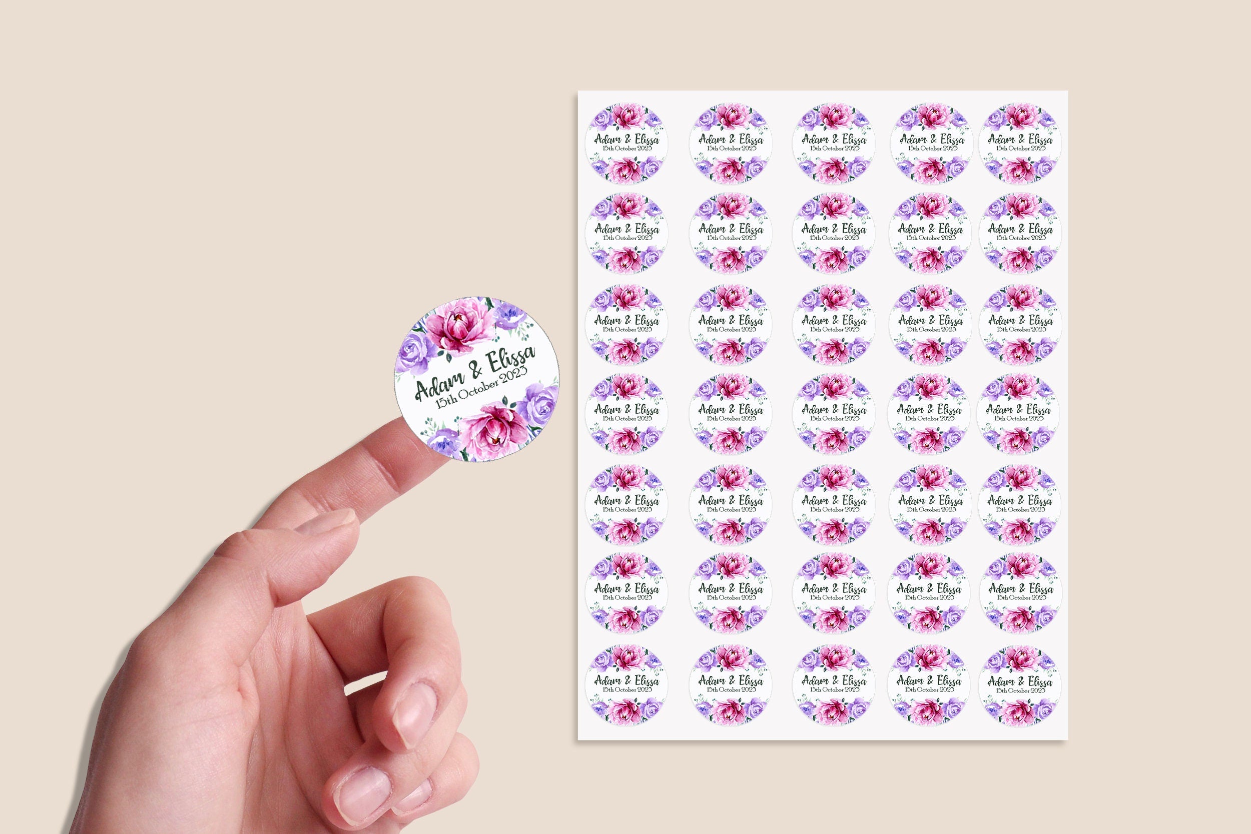 35 Personalised Wedding Stickers Pink & Purple Favour Floral Thank you Gift Favour Rustic Small Business