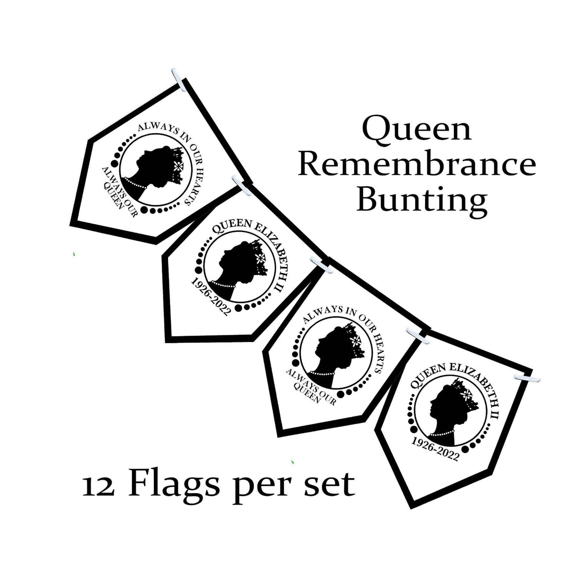 Queens remembrance Bunting | Decorations | Union Jack Banner | Patriotic RIP our Queen Elizabeth | 12 Printed Flags King Charles