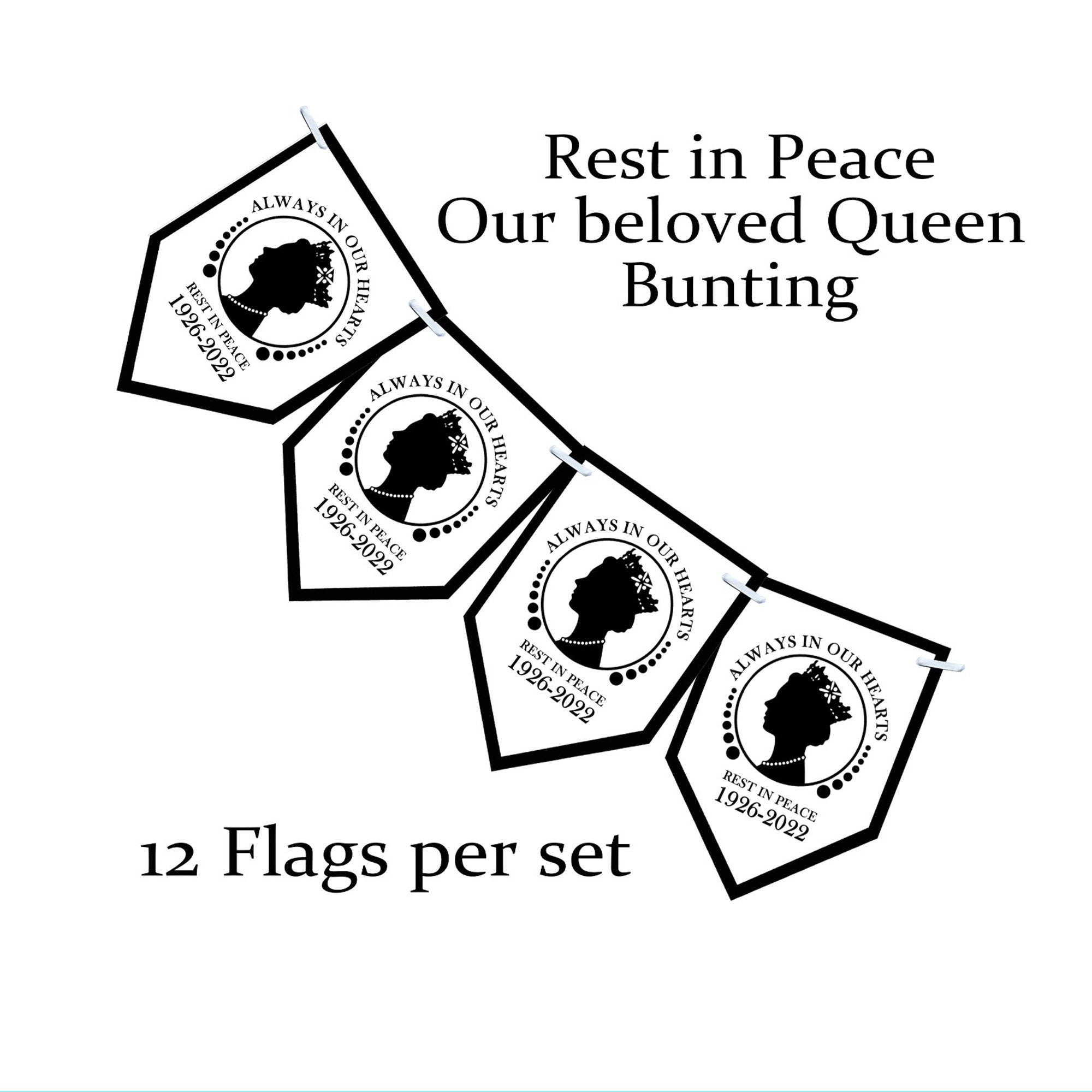 Queens remembrance Bunting | Decorations | Union Jack Banner | Patriotic RIP our Queen Elizabeth | 12 Printed Flags King Charles