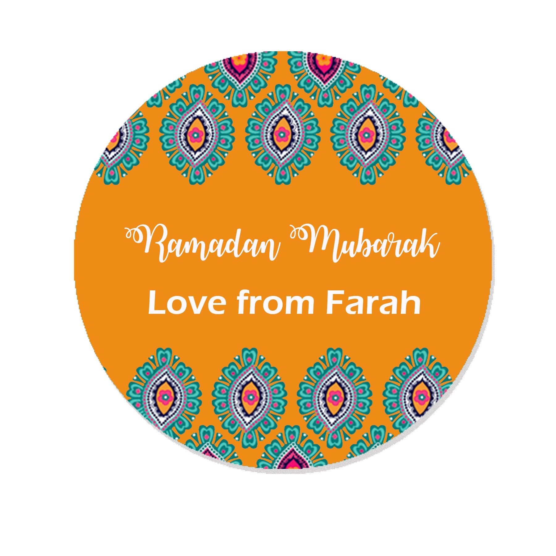 Personalised Eid Mubarak & Ramadan Muslim Islamic Celebration Paisley Teal Orange Pink x 35 Stickers