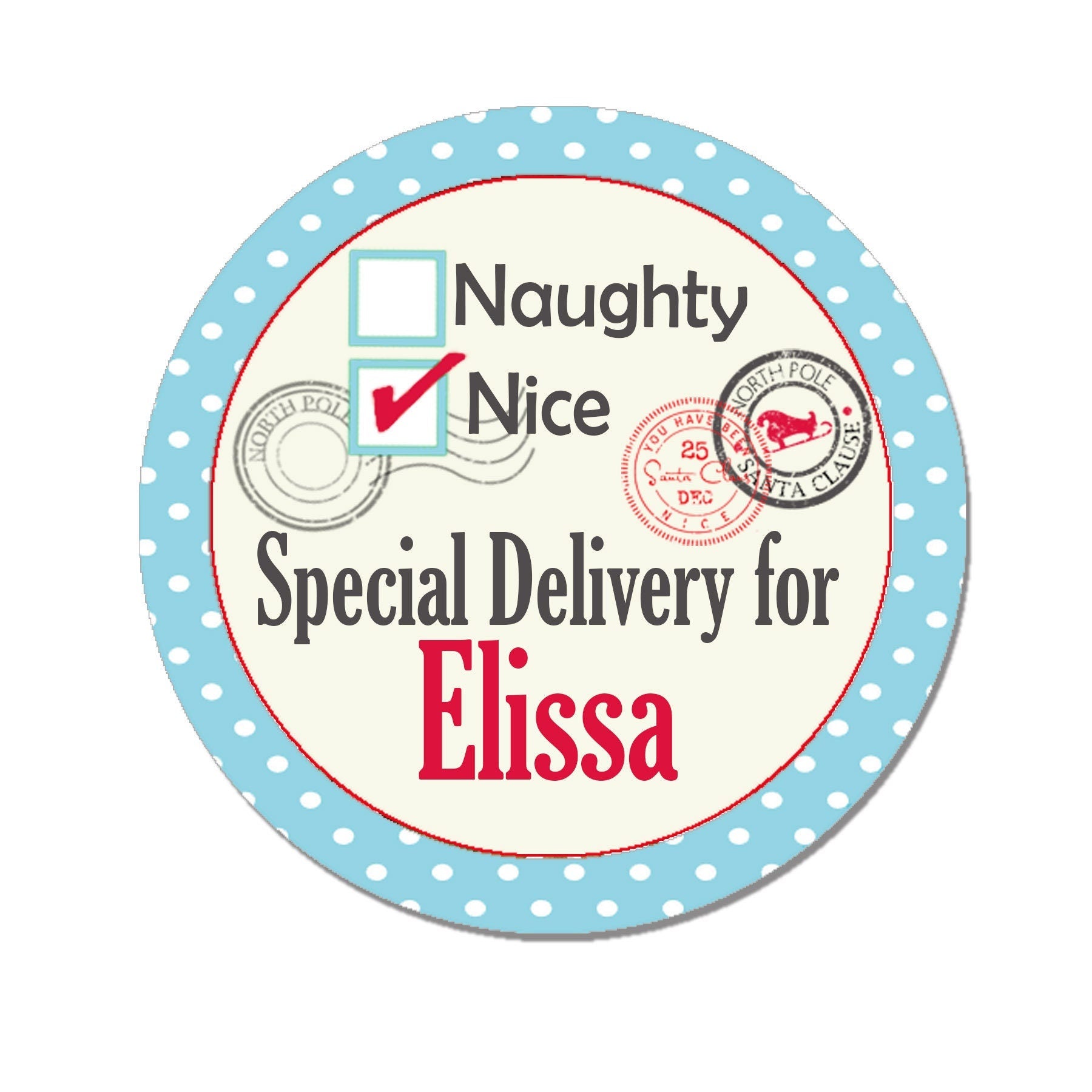 24 Personalised Christmas Stickers Delivery From Santa North Pole Gift Tag Labels Present Naughty or Nice Circle Polka