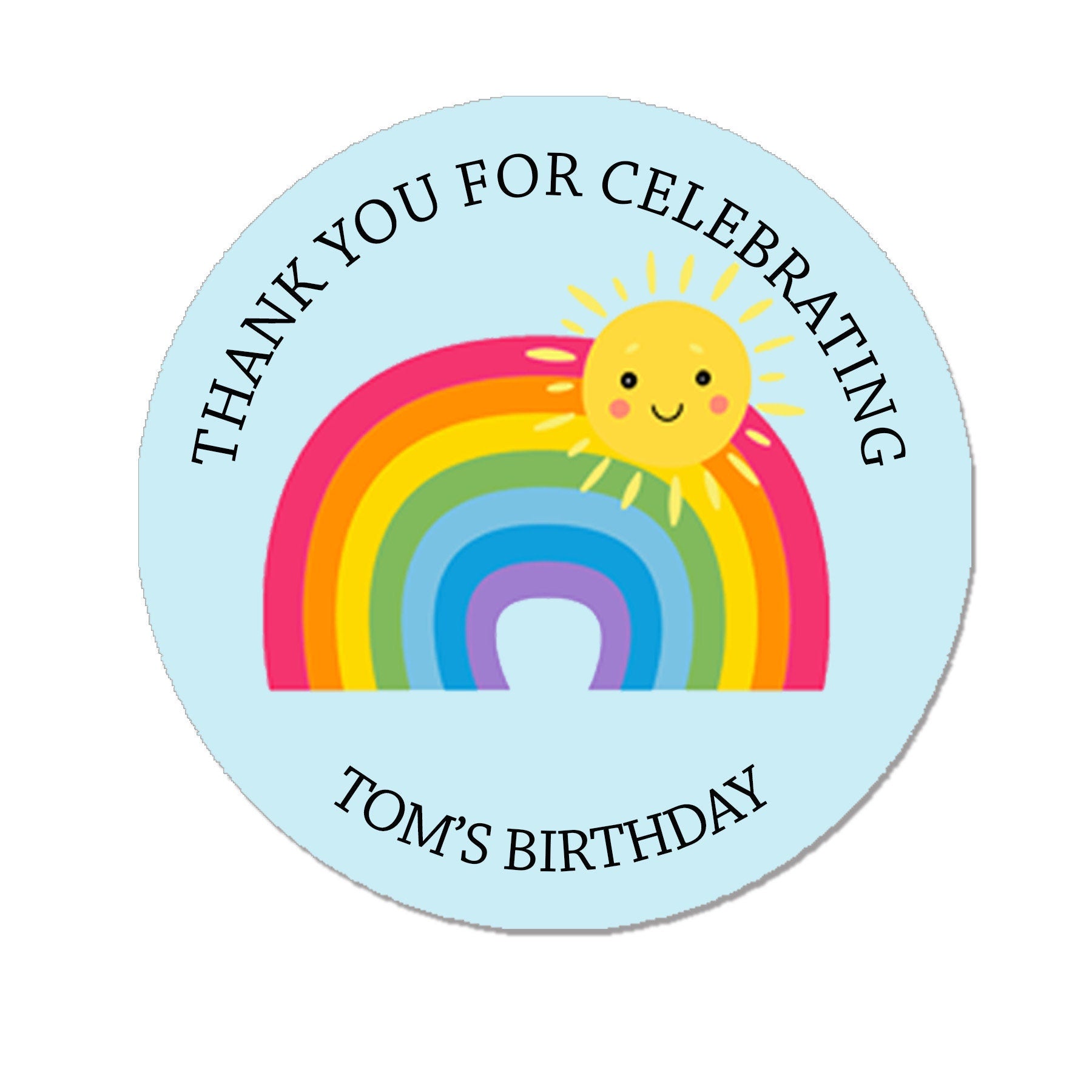 35 Personalised Rainbow Sun Birthday Stickers For Party Thank You Sweet Cone Bags Favour